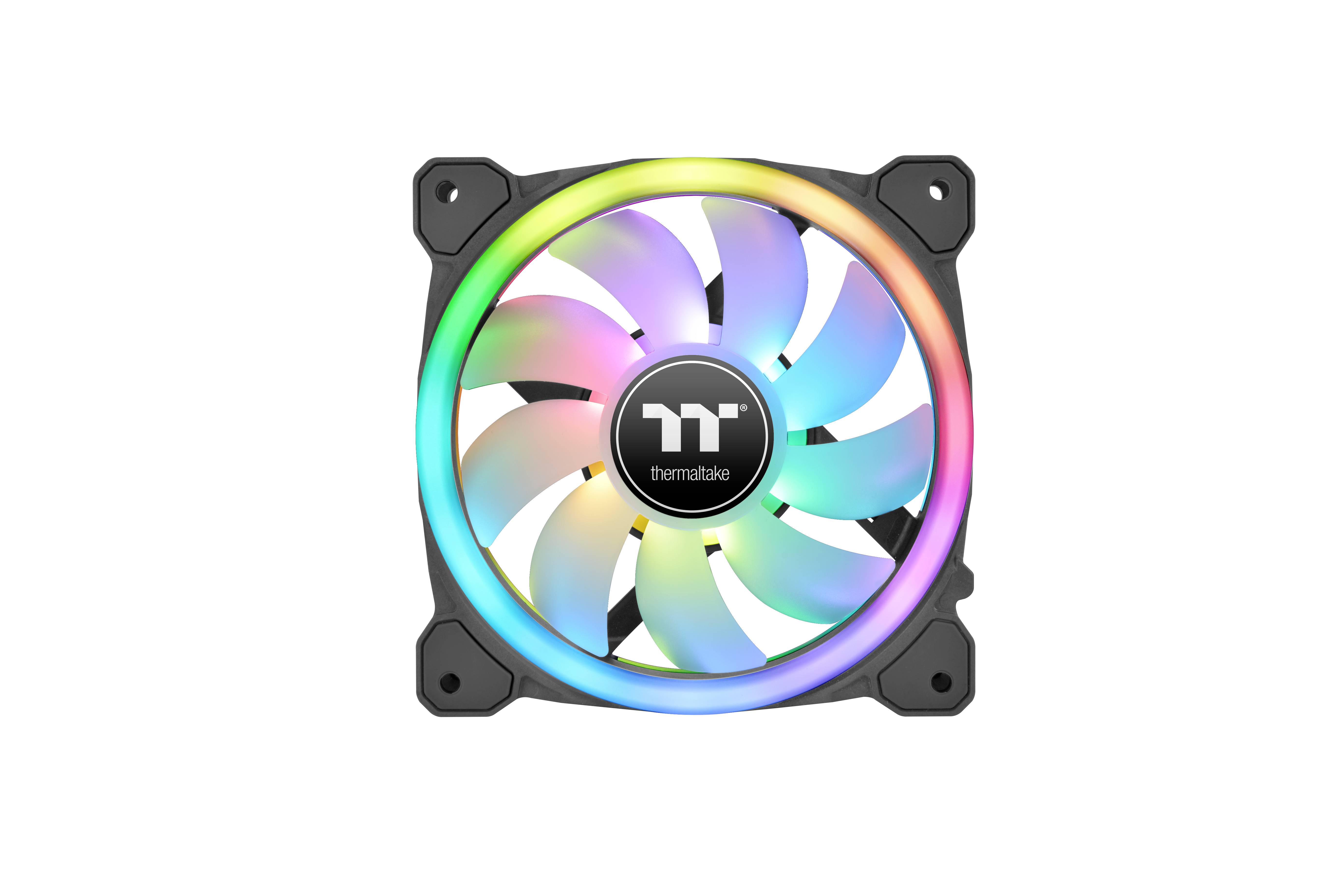 Fan with RGB lighting, square shape, brand 'Thermaltake', displays rotating multi-coloured LEDs, black-bordered design.