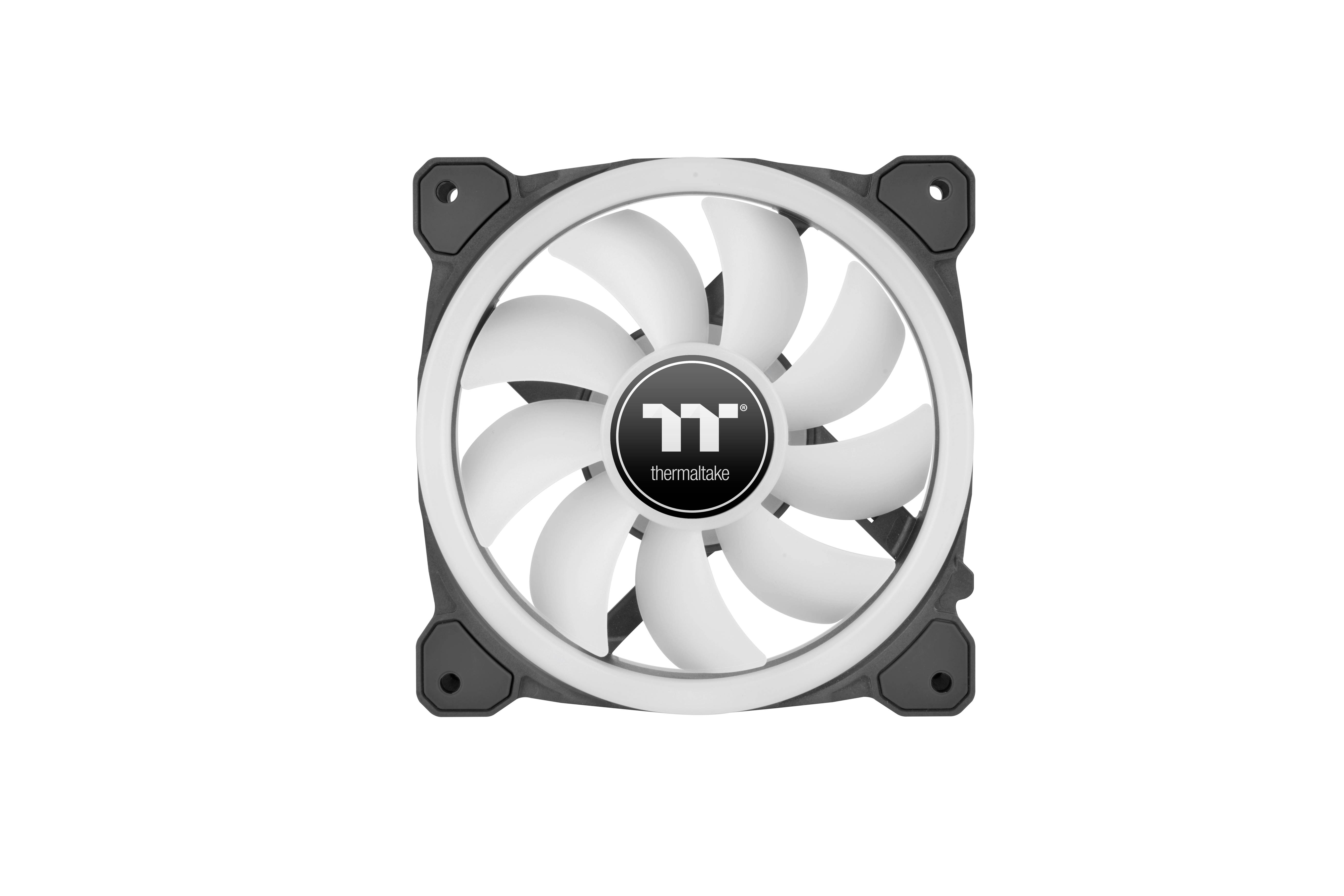 Computer cooler: a white, square fan with the brand name 'Thermaltake' in the centre.