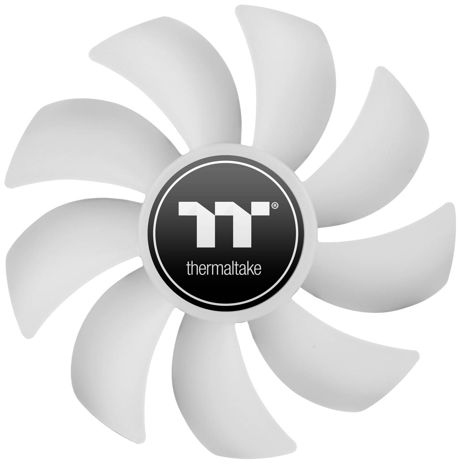 A white fan with a round logo in the centre, which reads 'thermaltake'. The fan has nine curved blades.