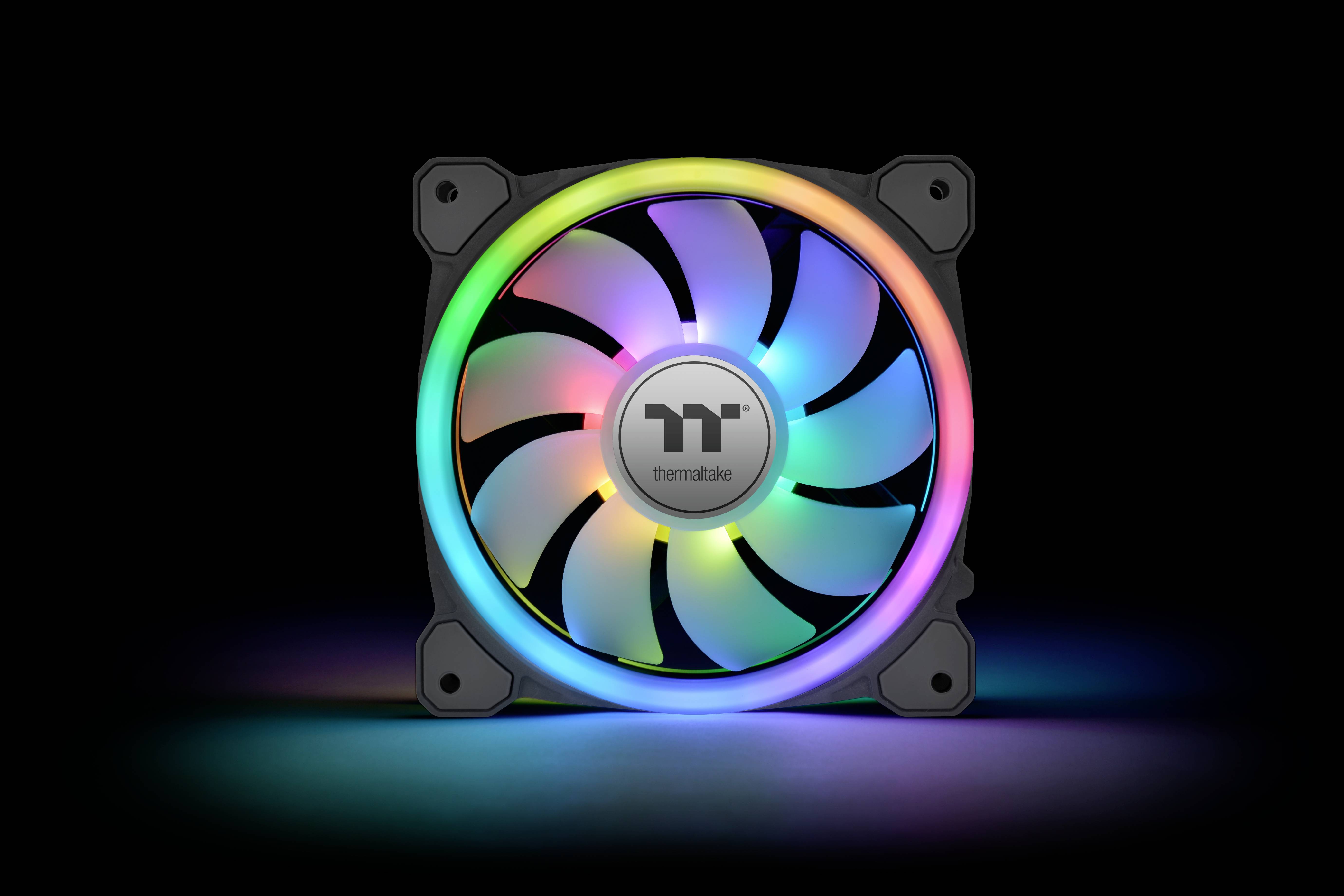 A computer fan with RGB LEDs illuminates in various colours. The Thermaltake logo is visible in the centre.