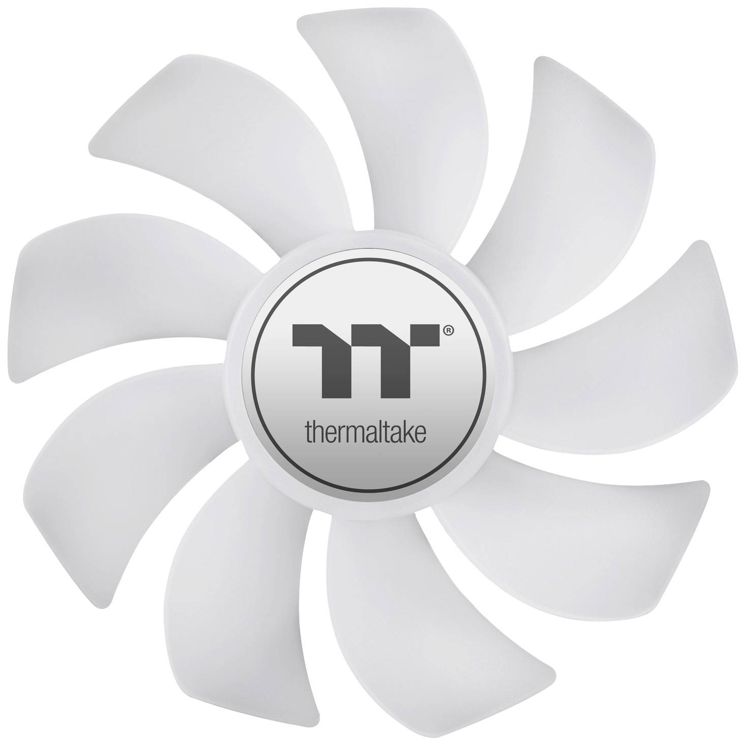 A white computer fan with eight curved blades and a round central section featuring the 'Thermaltake' logo.