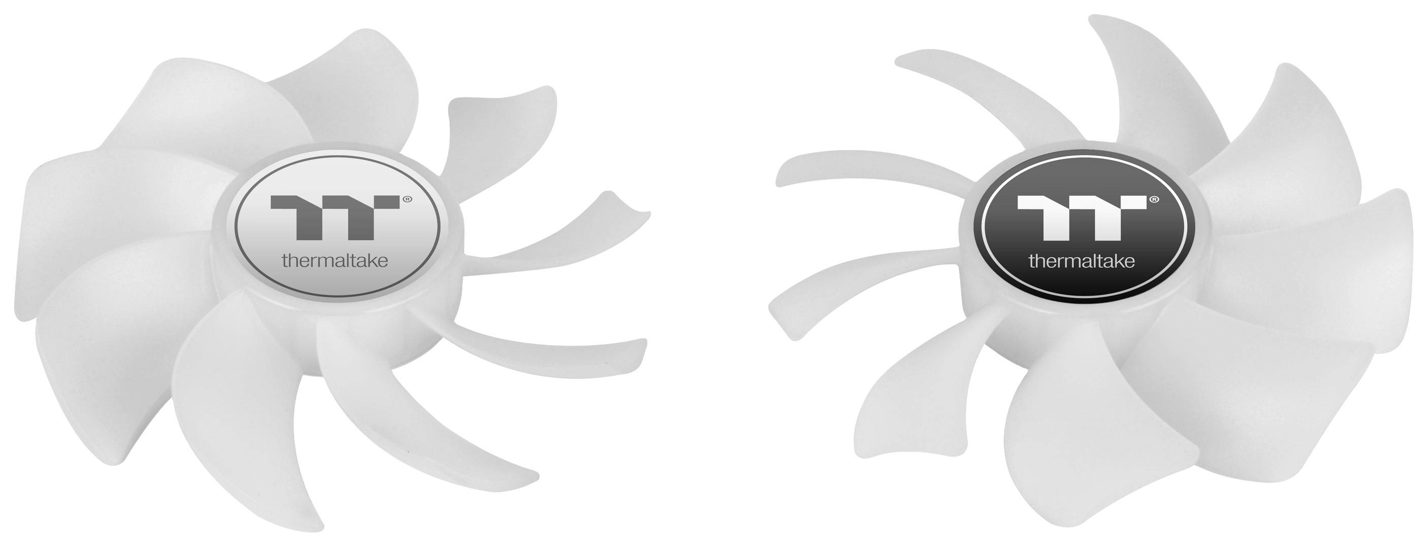 Two white computer fans, each with nine blades. The left one with a silver centre, the right one with a black centre, both featuring the 'Thermaltake' logo.