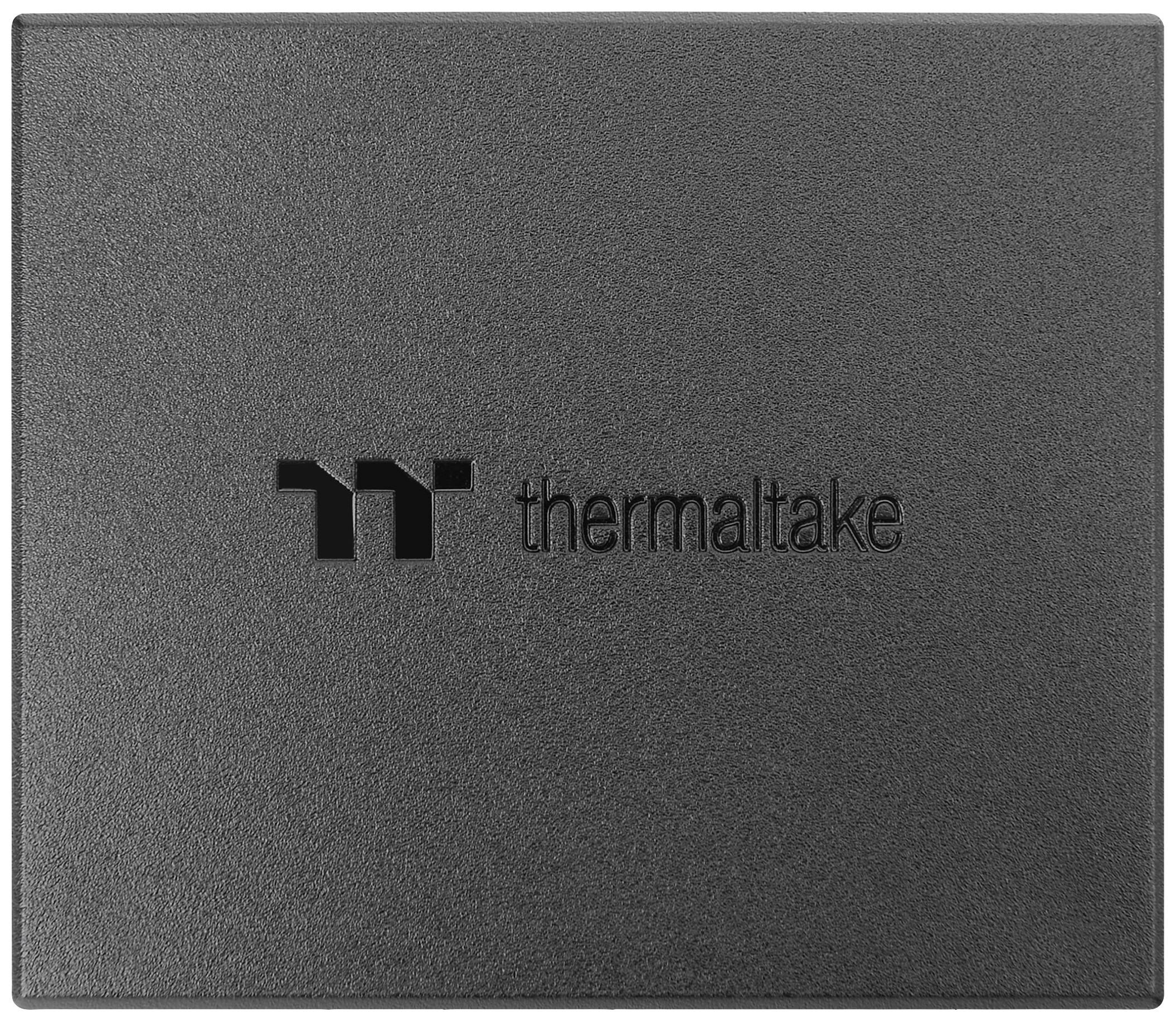 Black hard drive enclosure with the 'Thermaltake' logo and text in the centre.