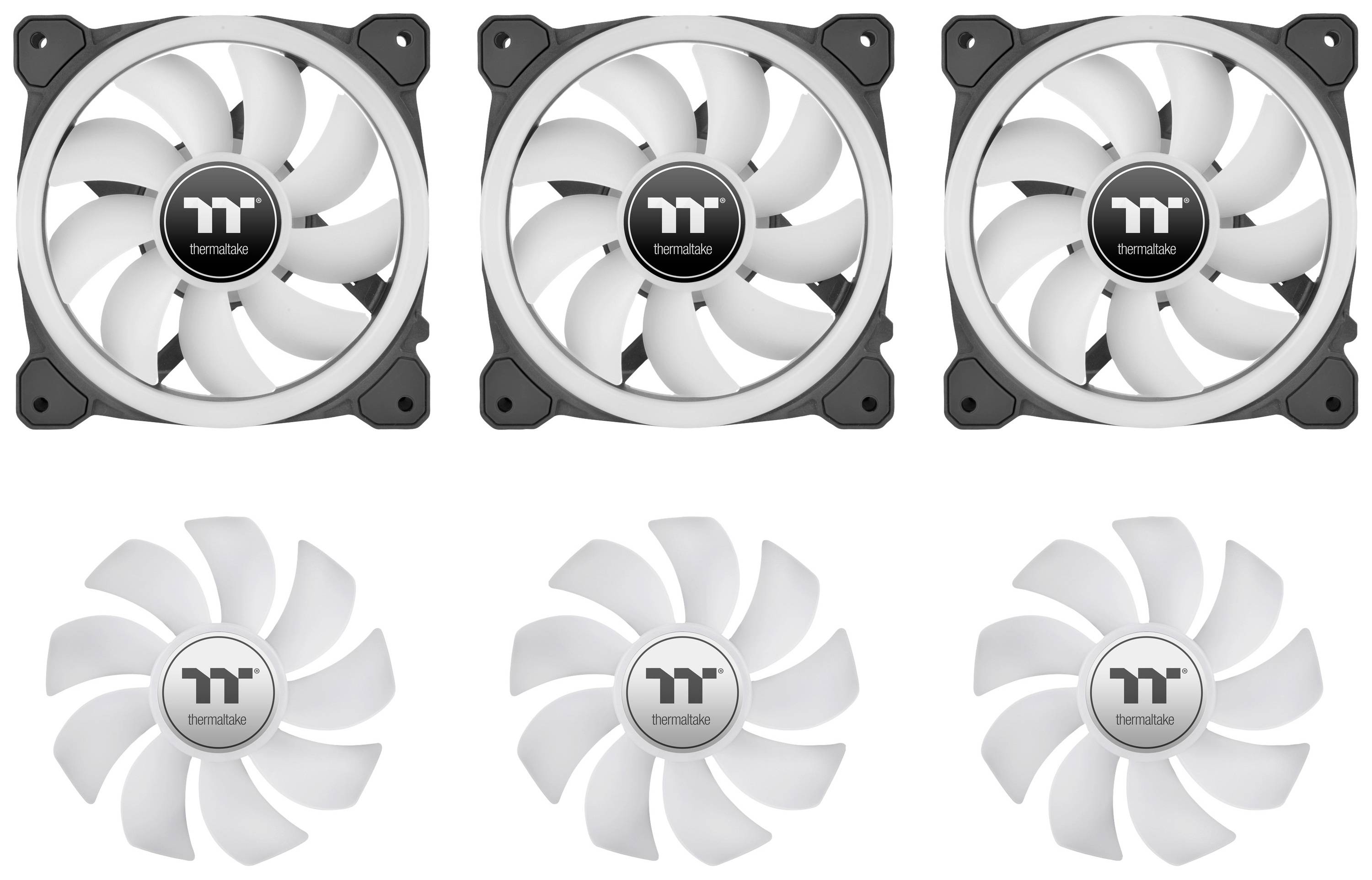 'Three Thermaltake fans at the top in square frames, three identical fans without frames at the bottom, arranged symmetrically.'