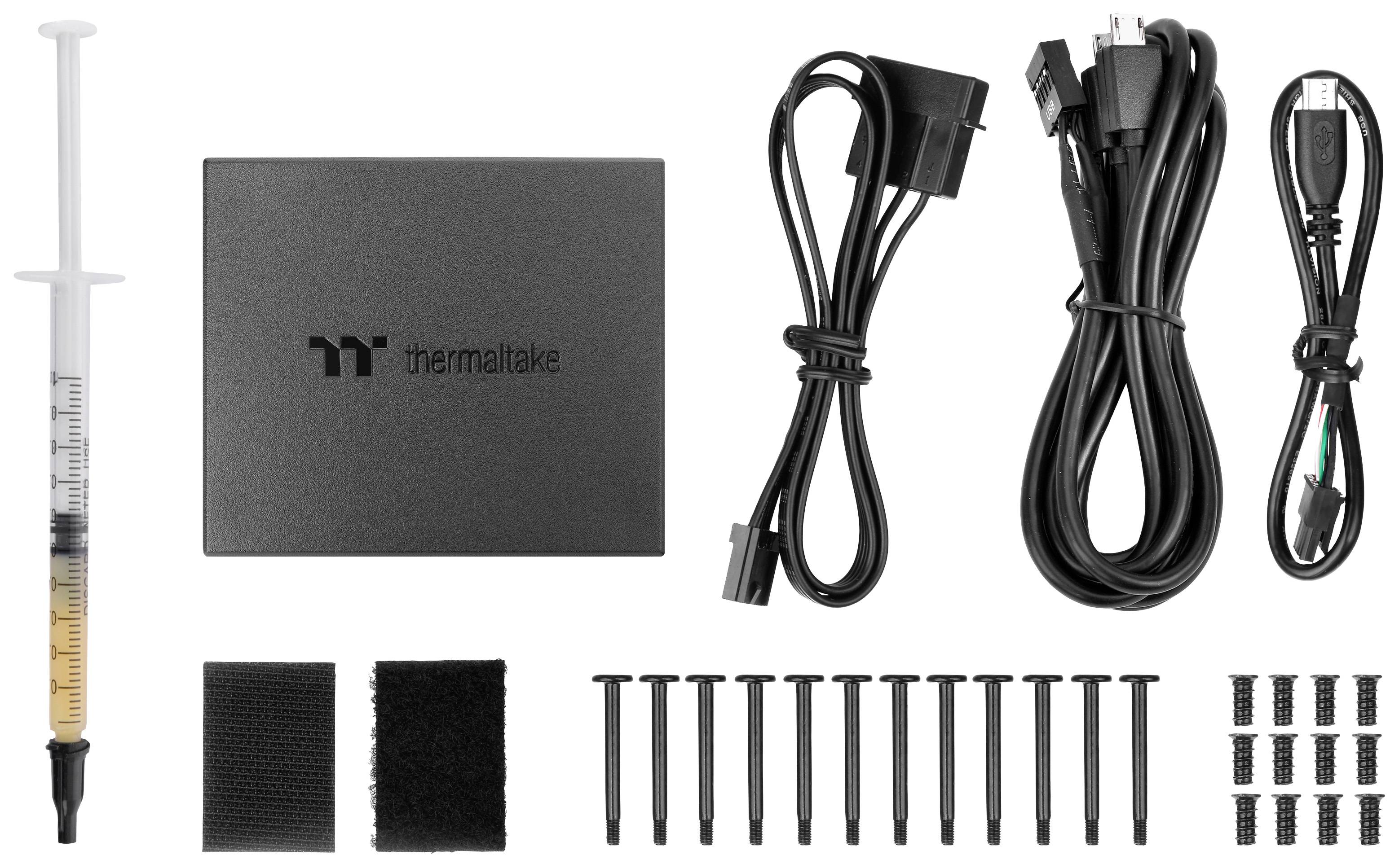 Installation kit for PC cooling, comprising thermal paste, control box, cables, screws and hook-and-loop fasteners.