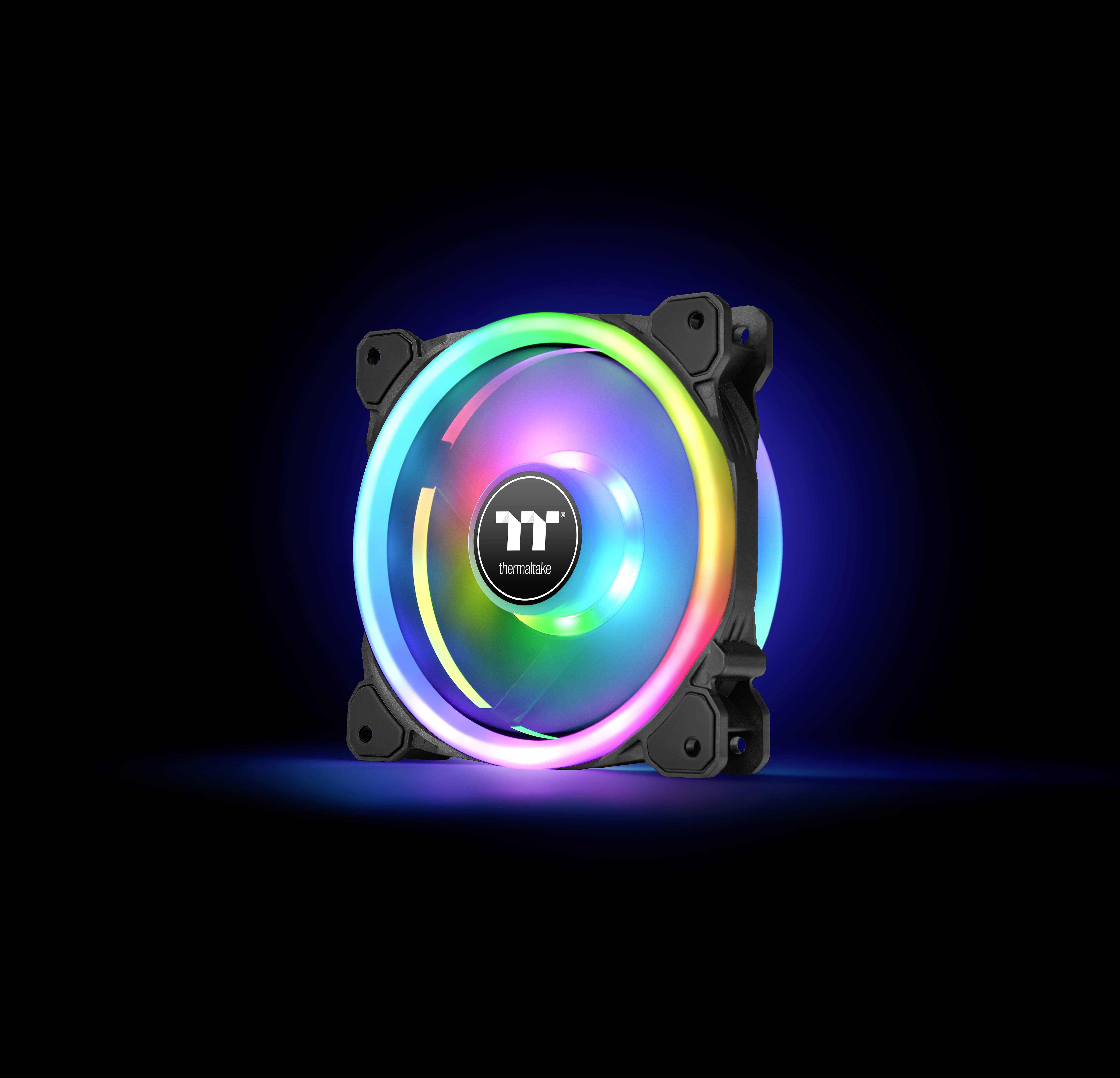 An illuminated PC fan with rainbow-coloured LEDs and the logo in the centre, against a black background.