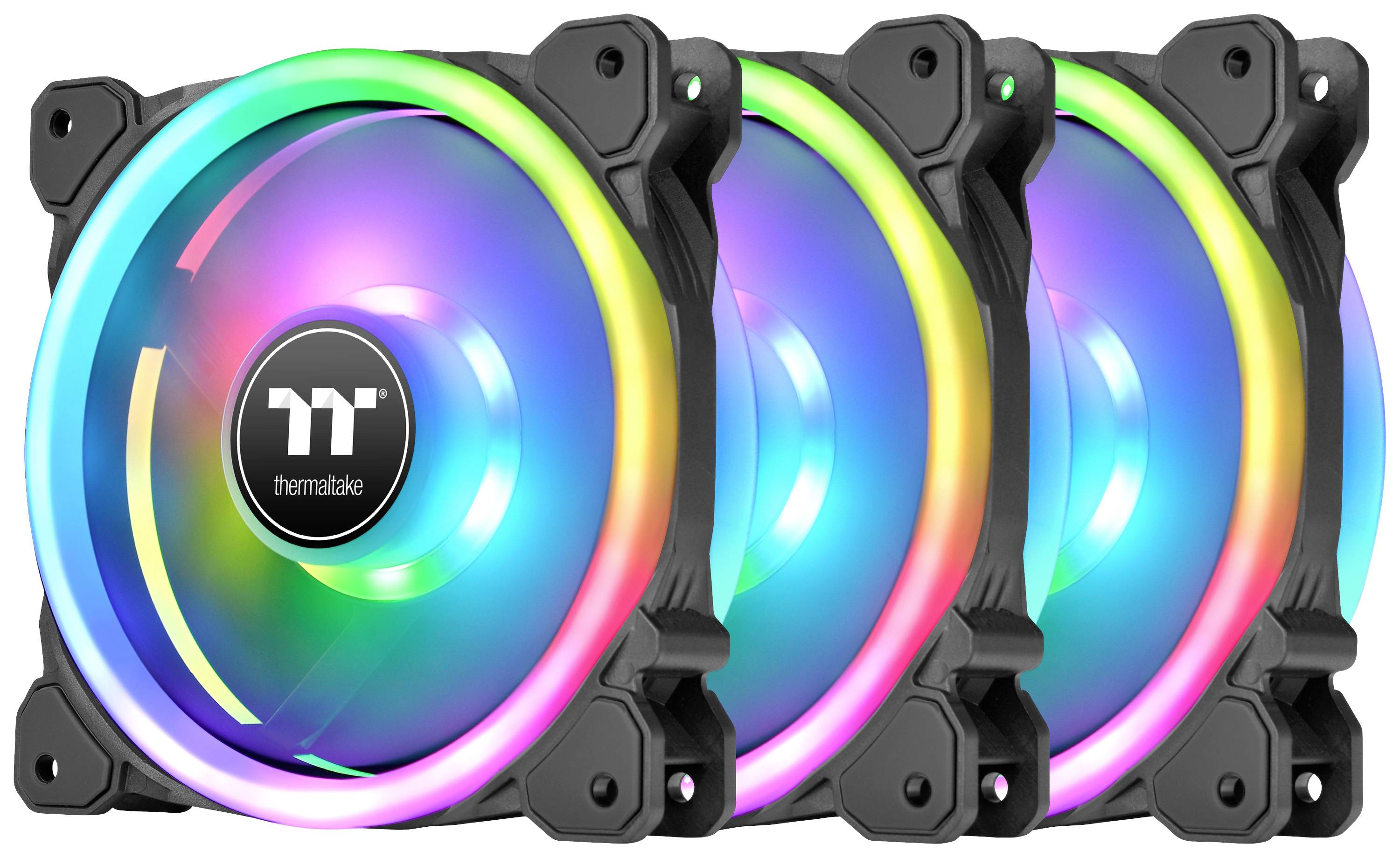Three RGB PC fans side by side, illuminating in different colours.