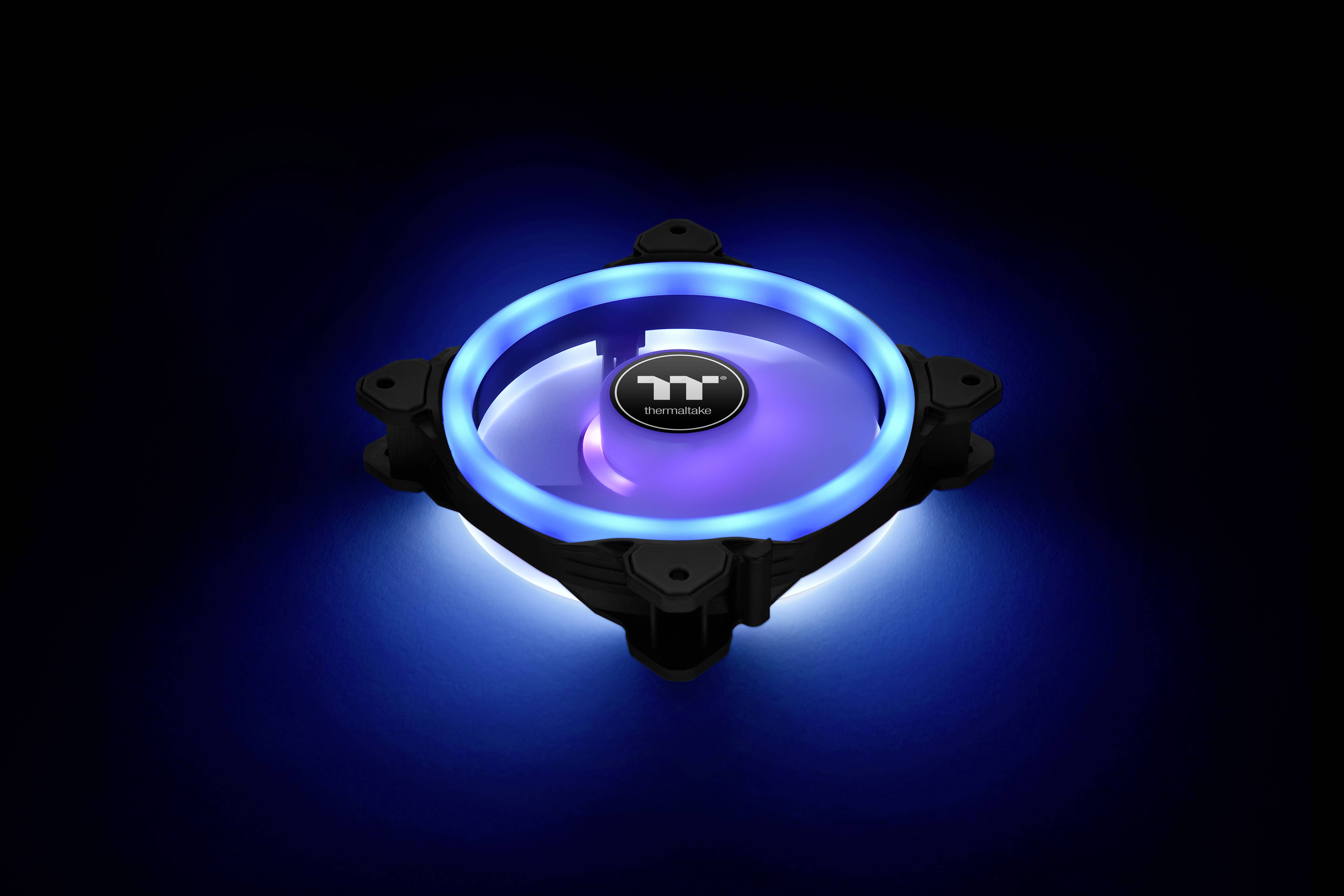 A luminous, round fan with blue and purple lighting on a dark background. The Thermaltake logo is positioned in the centre.