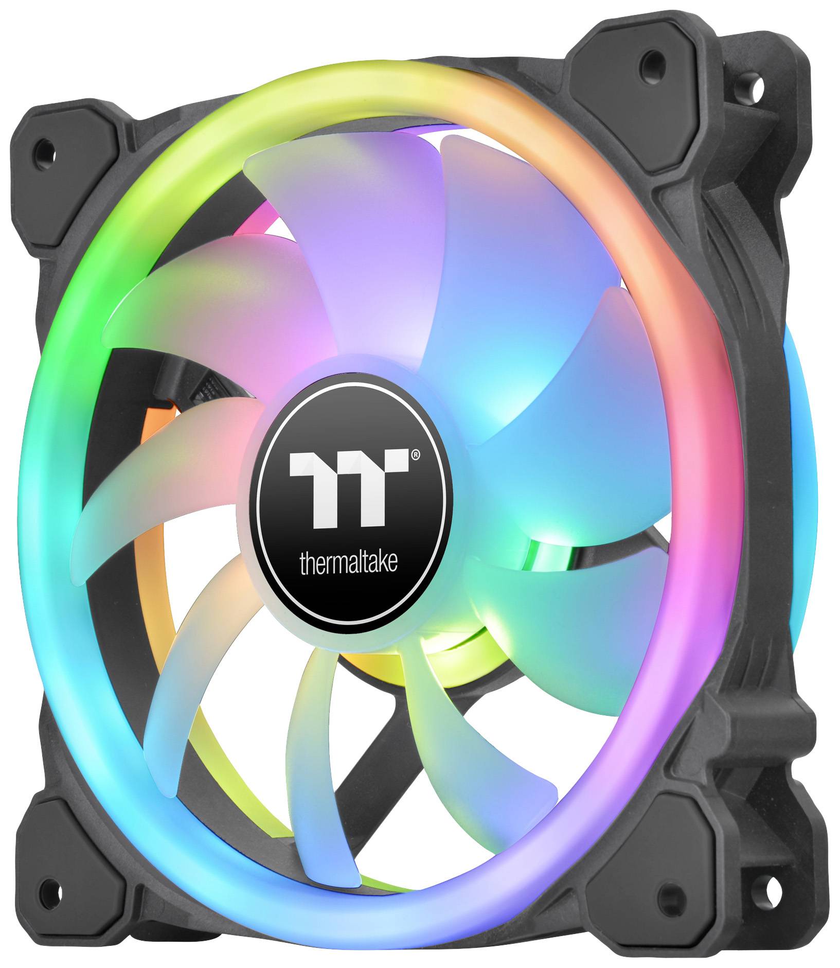 A computer fan with RGB LED lighting, displaying a circular illumination in various colours. Brand logo in the centre.