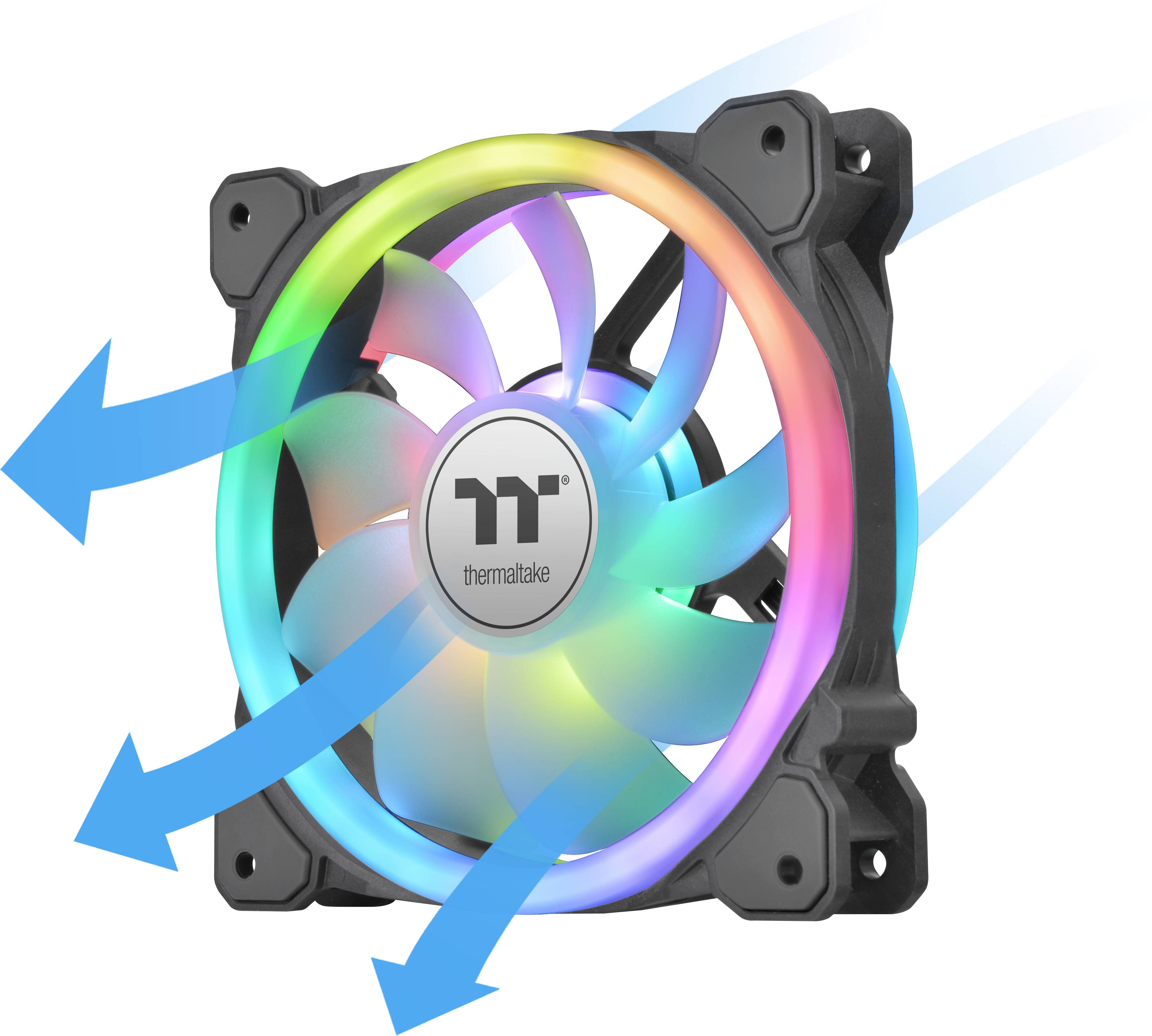 Cooling fan with colourful LED lights indicates airflow through blue arrows; suitable for computer cases for illumination and cooling.