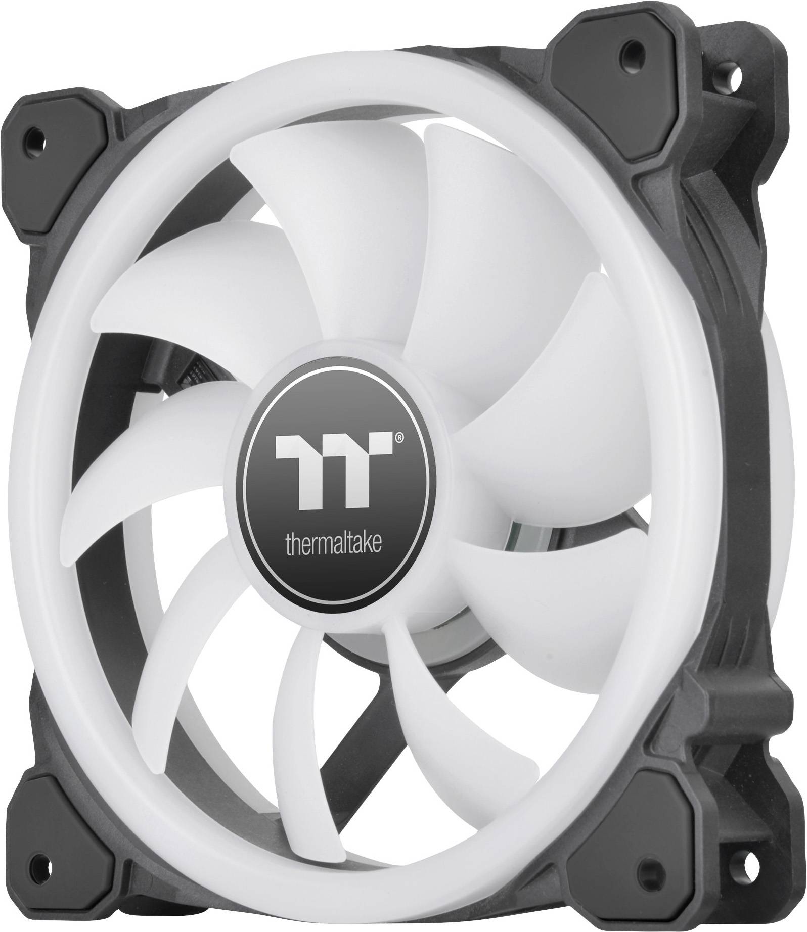Black and white computer fan by Thermaltake with nine blades. Suitable for cooling CPU or computer case.