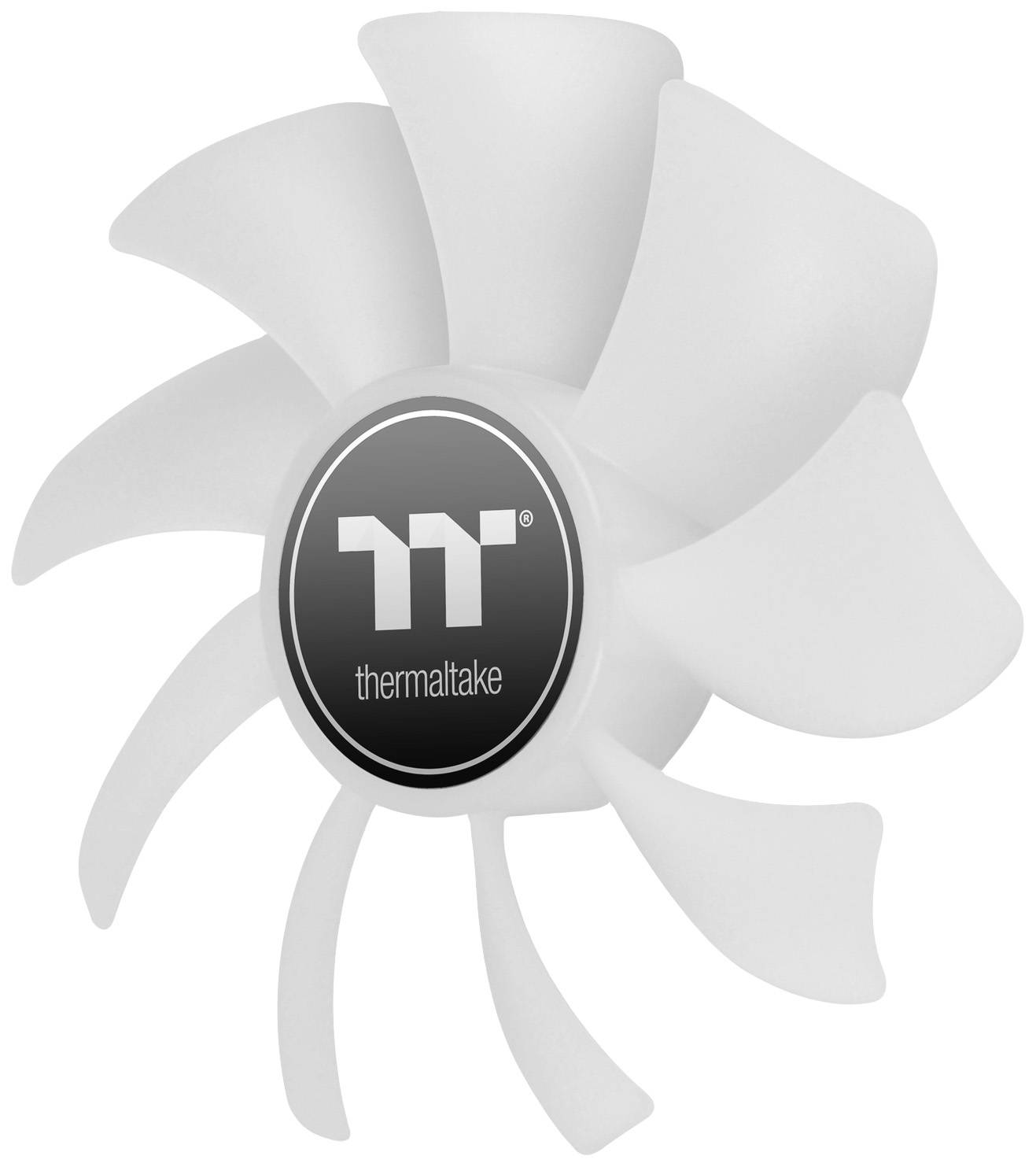 A computer fan with a white, eight-bladed rotor and a black circle in the centre displaying the Thermaltake logo.