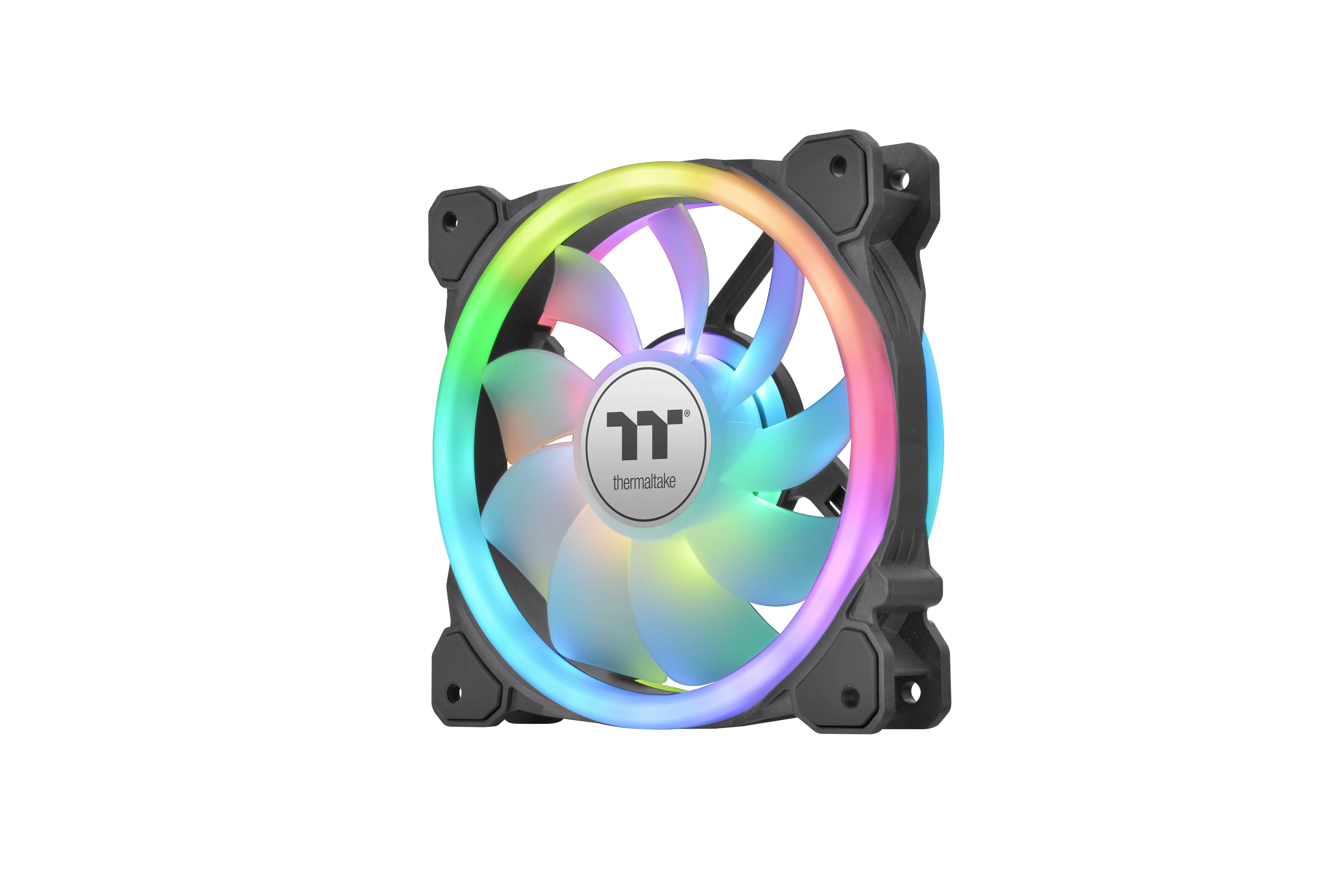 A computer fan with RGB lighting, featuring the Thermaltake logo in the centre, displays a glowing colour gradient.