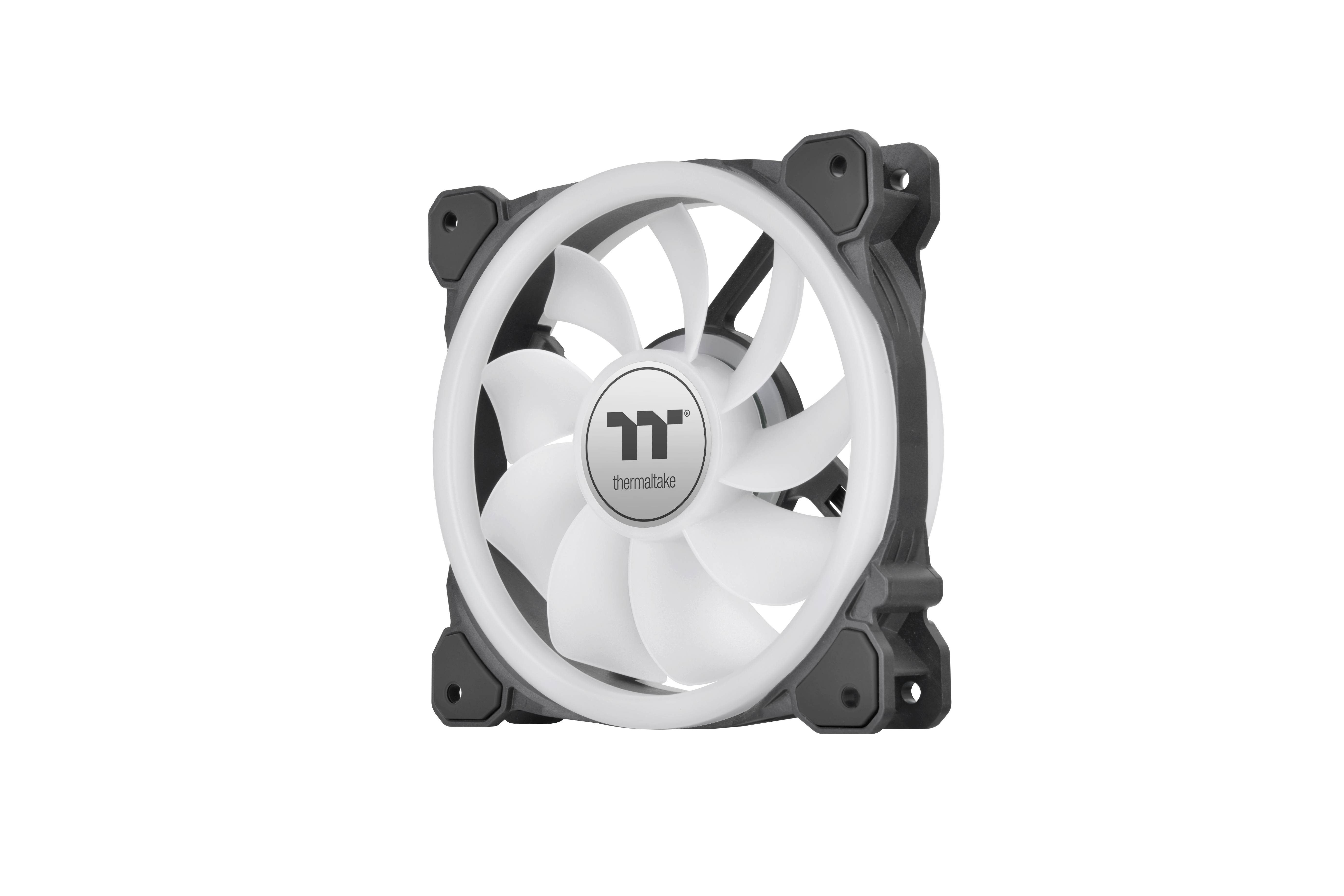 Black and white computer fan with a distinctive logo in the centre and illuminated blades, suitable for PC cooling.