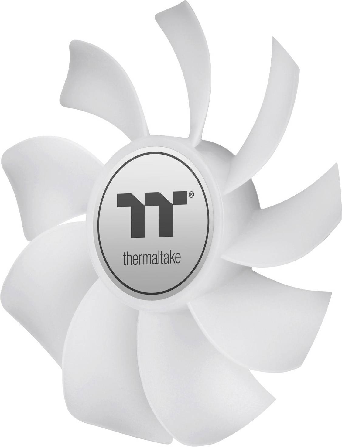 Fan blade of a cooler with the Thermaltake logo in the centre, showing the white, rounded and regular shape of the blades.