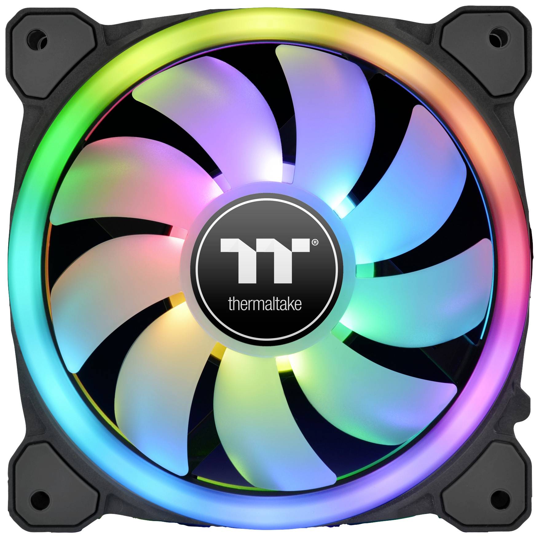 A computer case fan with glowing RGB LEDs and the 'Thermaltake' logo in the centre, surrounded by a black frame.