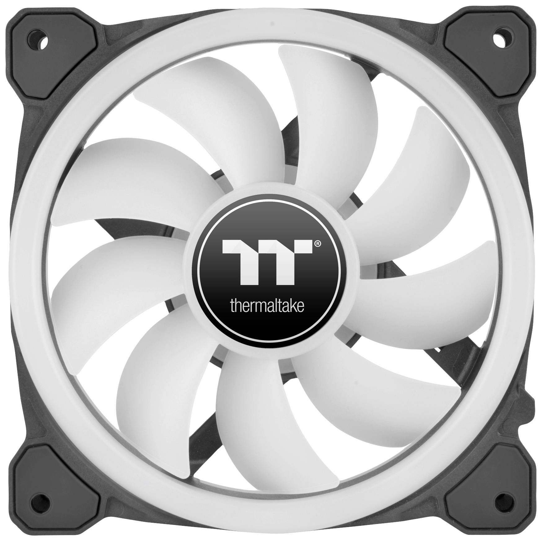 A white Thermaltake computer fan with a plastic casing and multiple blades.