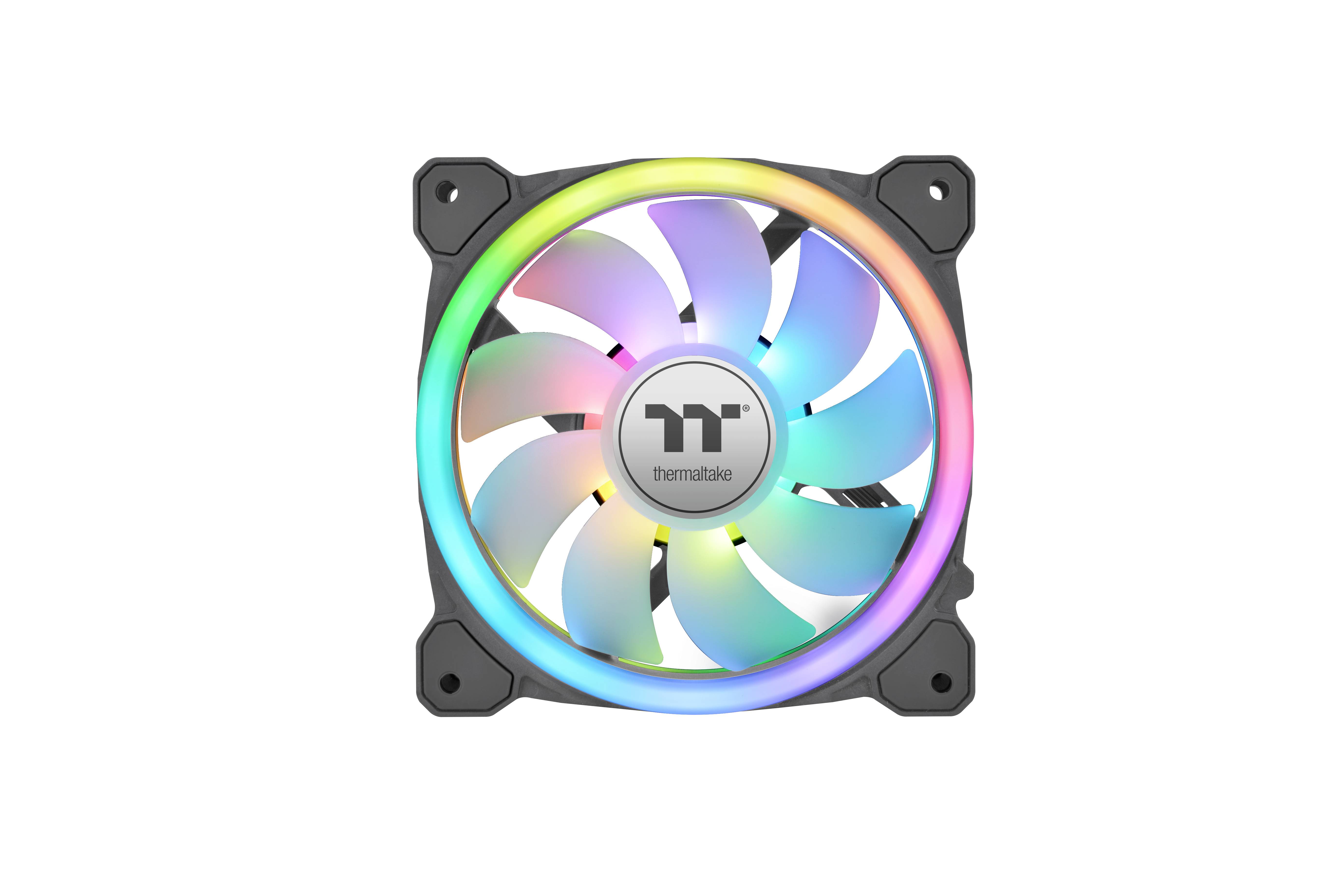 A computer case fan with multiple colourful LEDs illuminating the frame around the fan blades. Brand name on the hub.