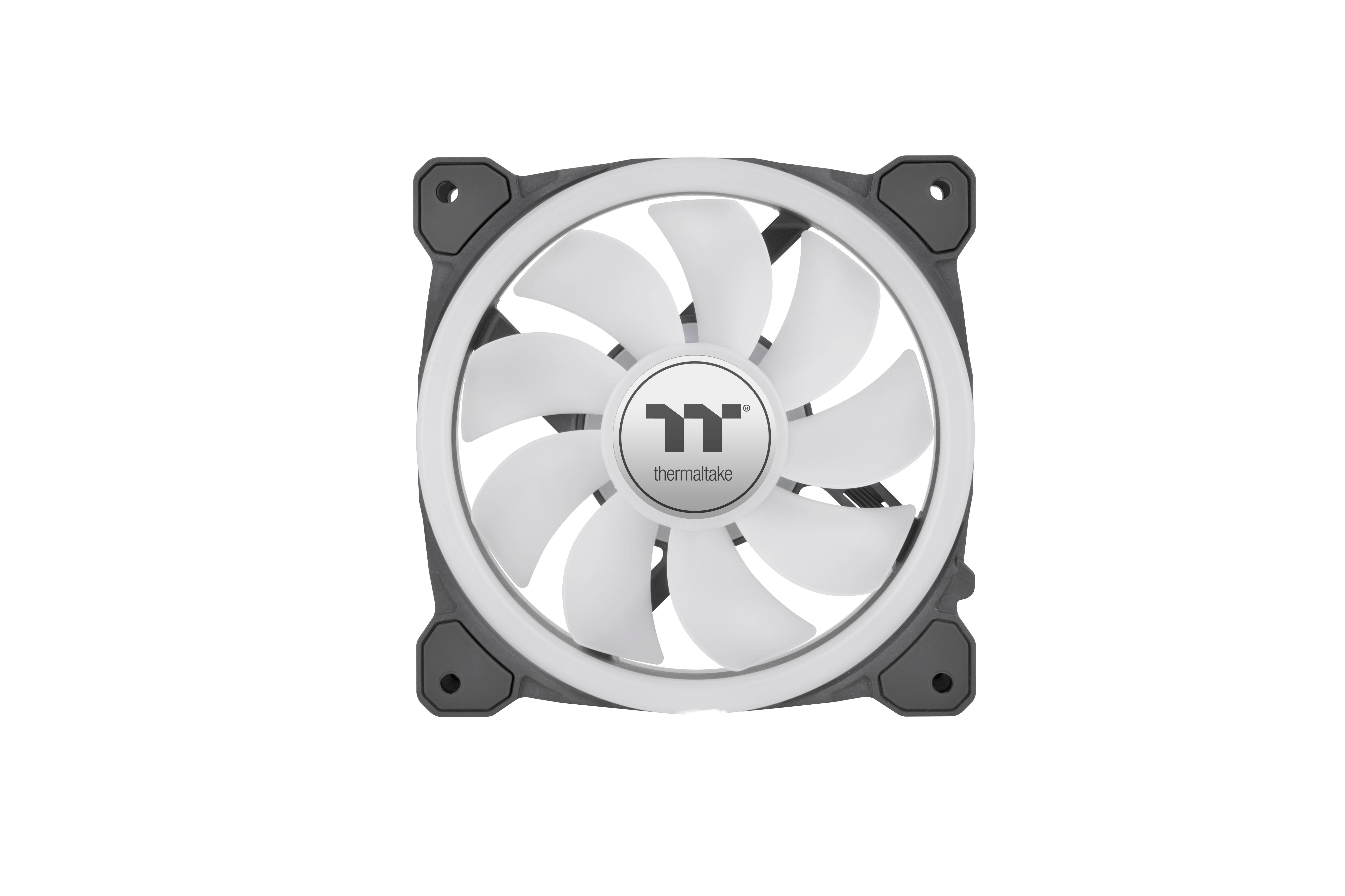 A white computer fan with a grey frame by the brand Thermaltake. Suitable for cooling PC cases or components.