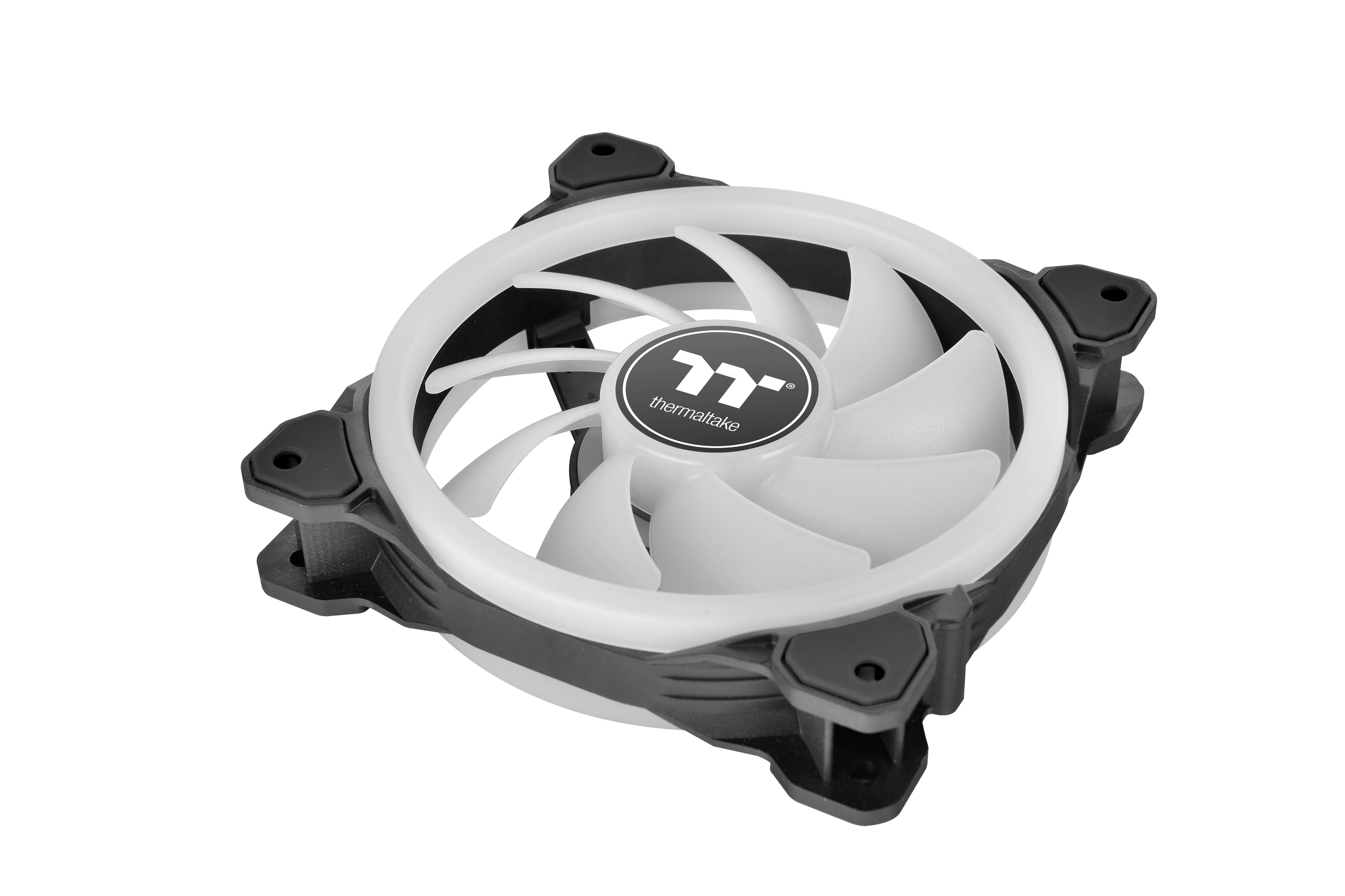 A black computer fan with white rotor blades and the logo in the centre.