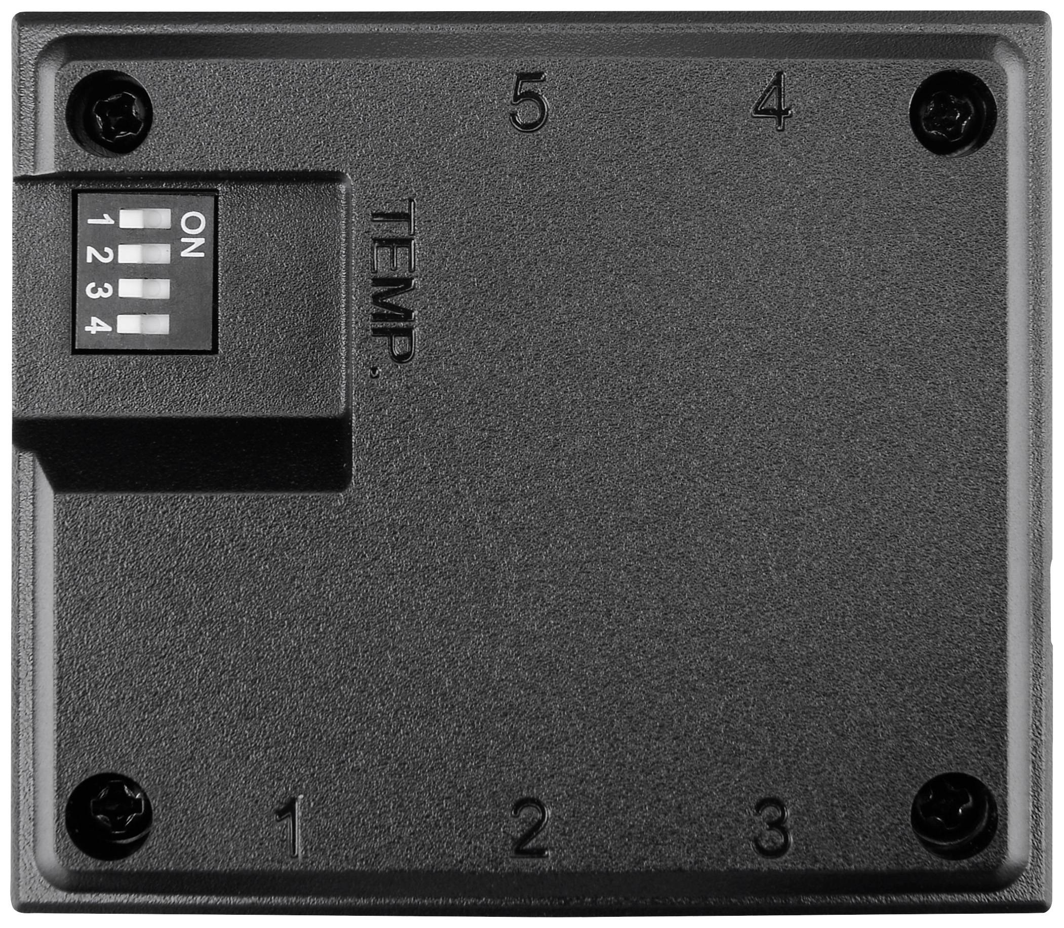 Black rotary switch with numbers 1 to 5 in the top right corner and a small toggle switch with numbers 1 to 4 on the left.