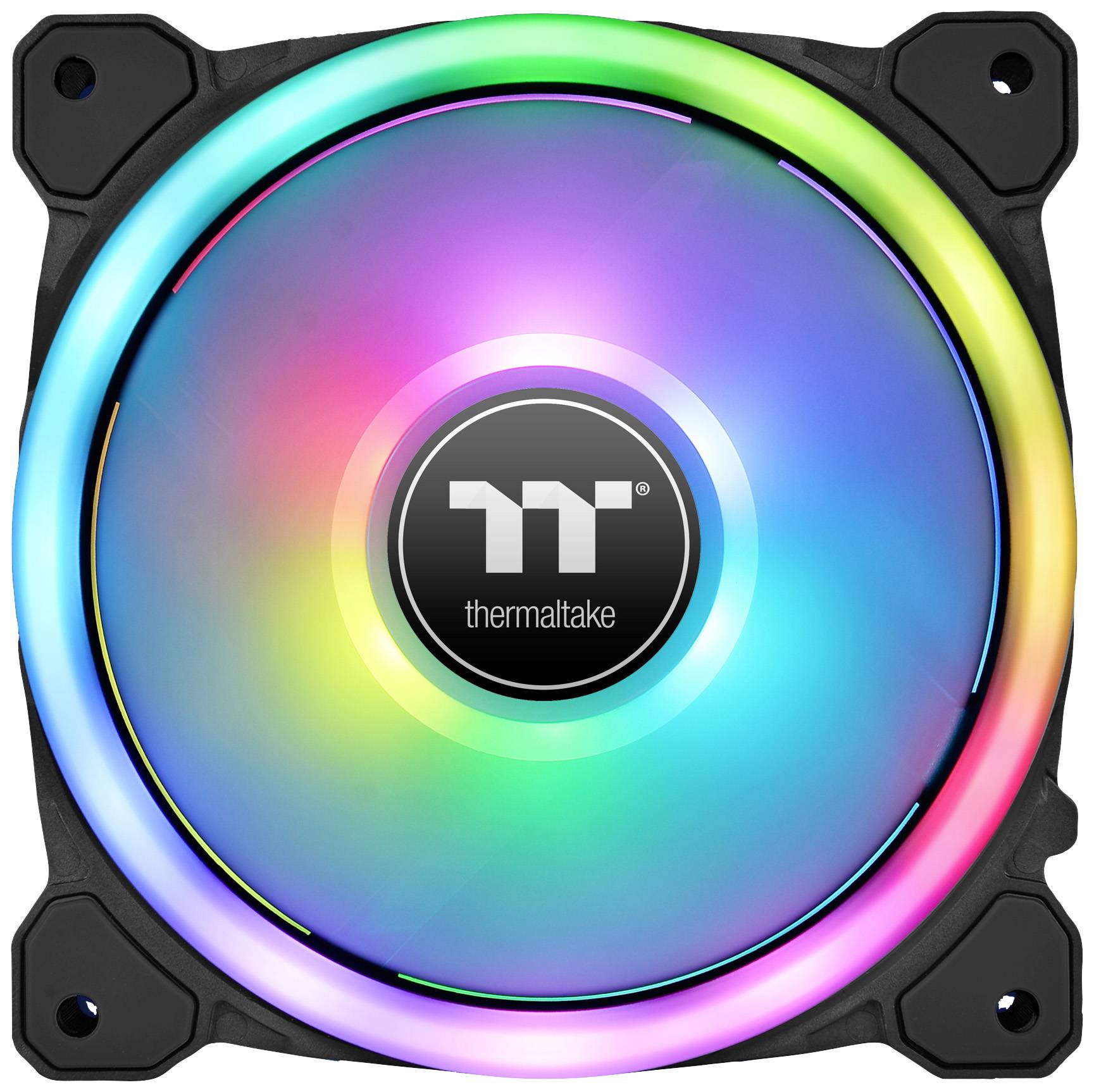 A computer fan with multi-coloured LED lighting that creates a rainbow effect. The Thermaltake logo is positioned in the centre.
