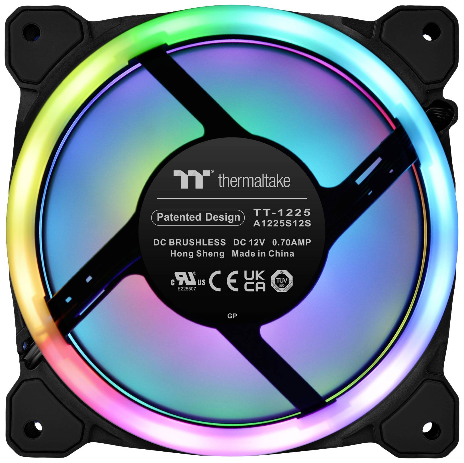 A PC fan with glowing RGB LEDs, displayed by Thermaltake. Text on the fan shows technical details and origin.