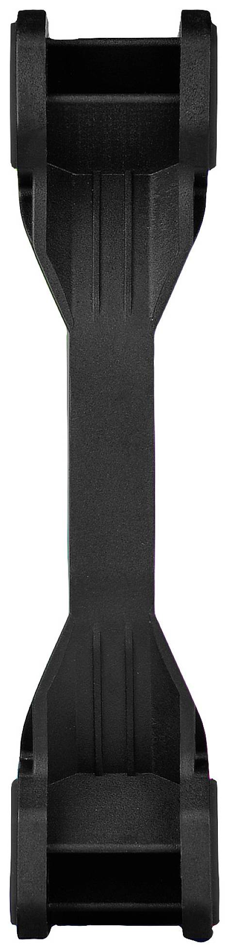 Black camera lens mounting adapter piece, rectangular with two round mountings at the ends, on a white background.