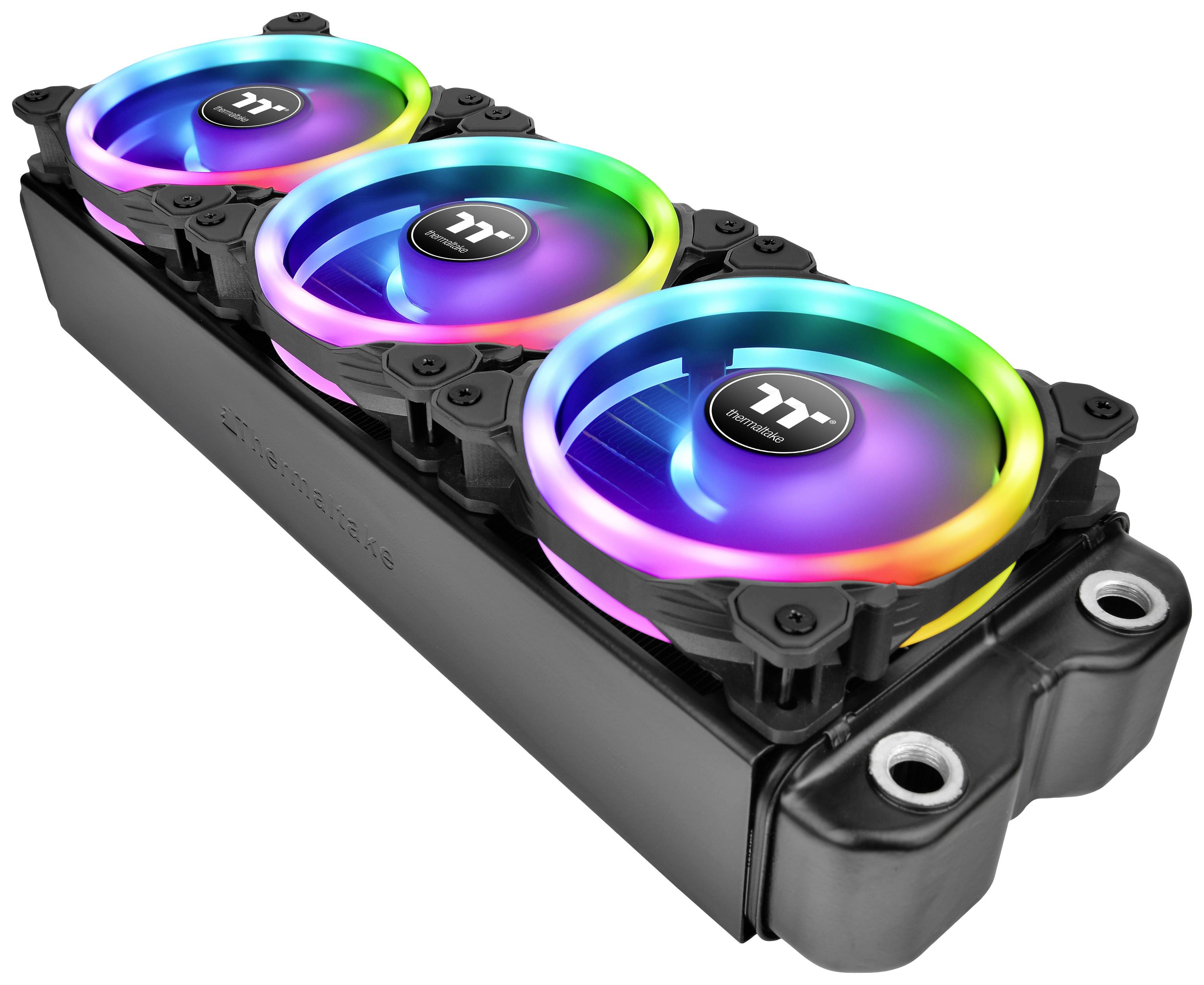 Three colourful LED fans, mounted on a black heatsink, for cooling inside a computer case.