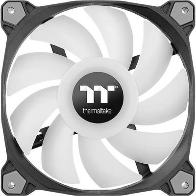 Computer case fan with white LED lighting in a square frame, central 'Thermaltake' logo.