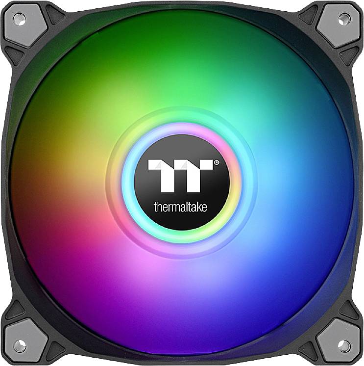 A PC case fan with RGB lighting in rainbow colours, with the Thermaltake logo at the centre.