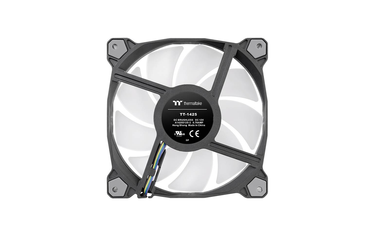 Black computer fan with white rotor blades, model TT-1425 from Thermaltake, focused on the front view with visible label.