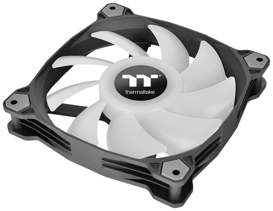 Black computer fan with white blades and a Thermaltake logo in the centre.