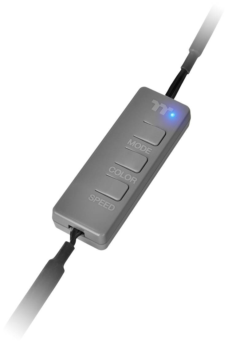 Silver remote control with three buttons: 'Mode', 'Color', 'Speed'. Blue LED indicator in the top right. Connects two cables.