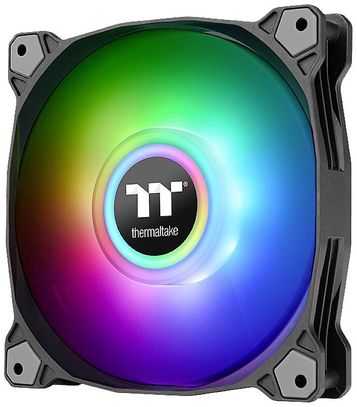 A computer fan glows in various colours, primarily green, blue and red. A logo is situated in the centre.