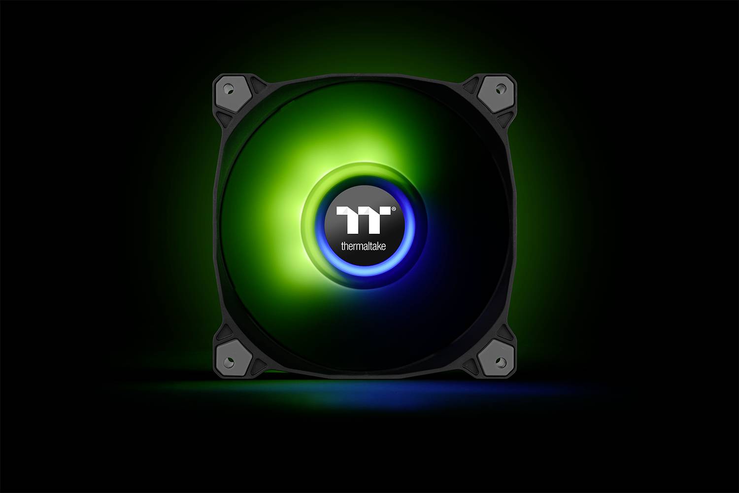 A computer fan with colourful LED lighting in green and blue. The Thermaltake logo is at the centre. Fan blades are dark in colour.