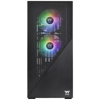 Computer tower case with two visible RGB-illuminated fans behind a mesh grille.