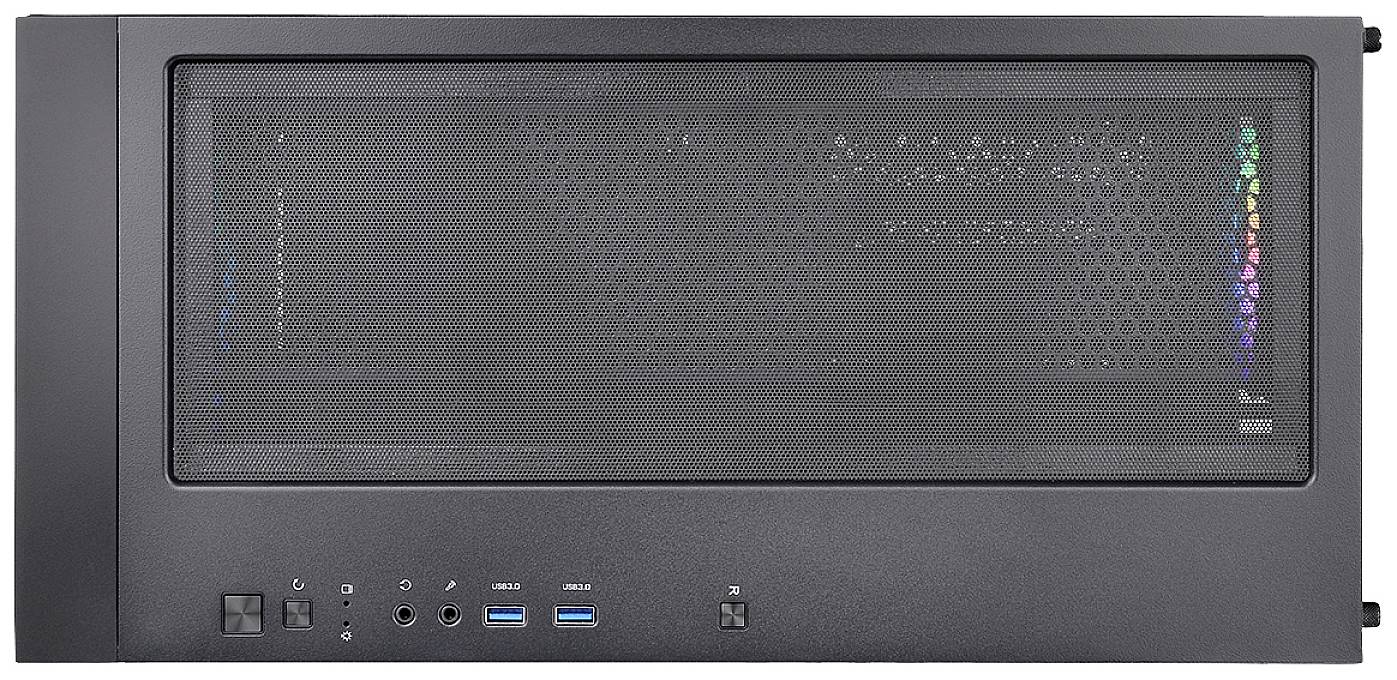 A black computer case with a mesh front panel and visible USB ports and audio ports at the bottom.