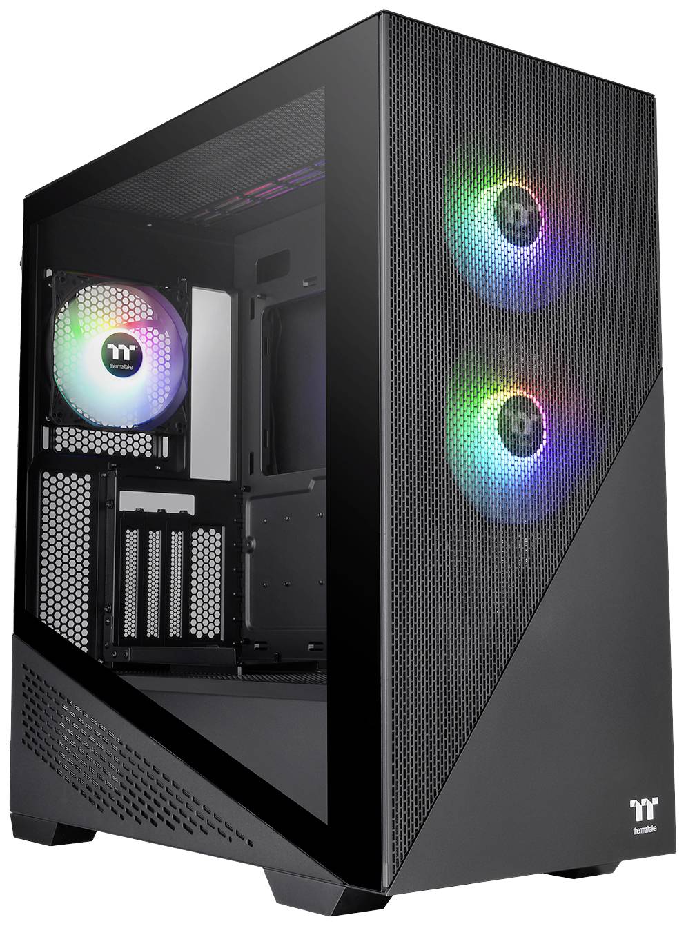 A computer case with two illuminated fans at the front and one at the rear. Side panel is glass, with a black structure.