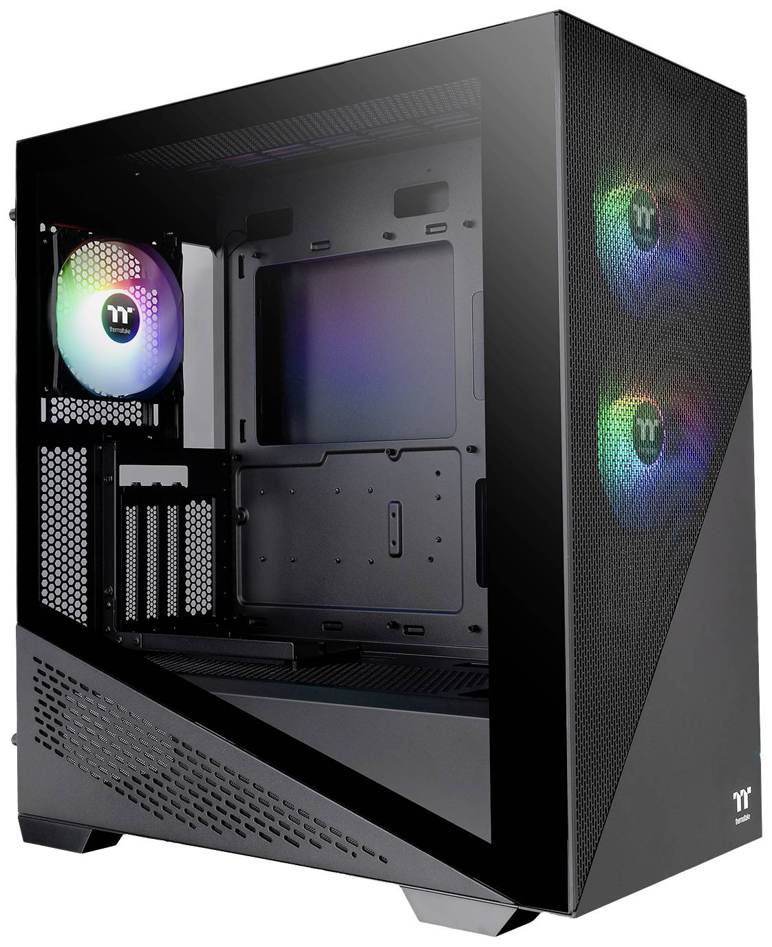 Black PC case with glass front; three RGB fans visible. Case is empty and shows space for components.