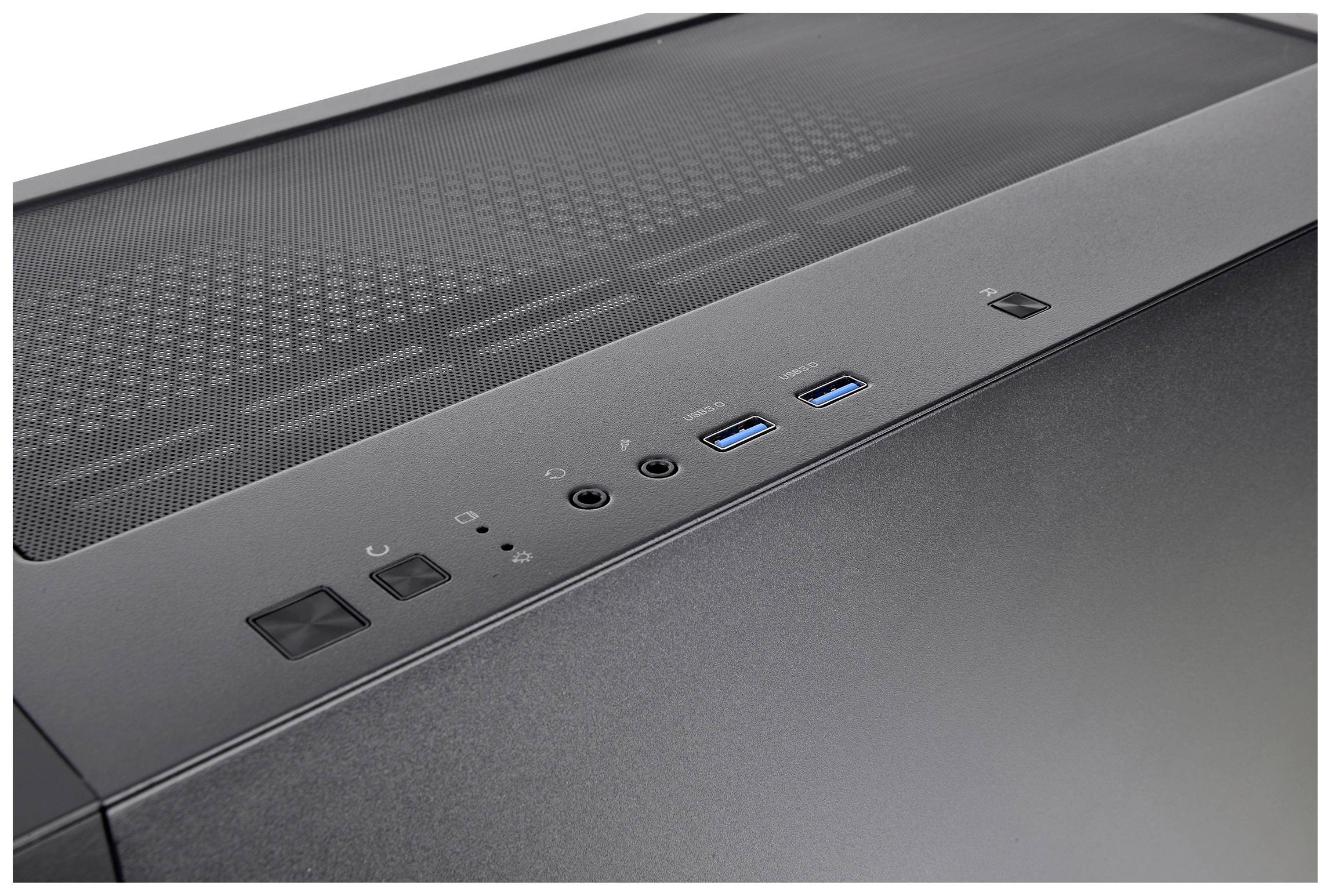 Front view of a computer case with connections: two USB ports, an audio socket, power and reset buttons.