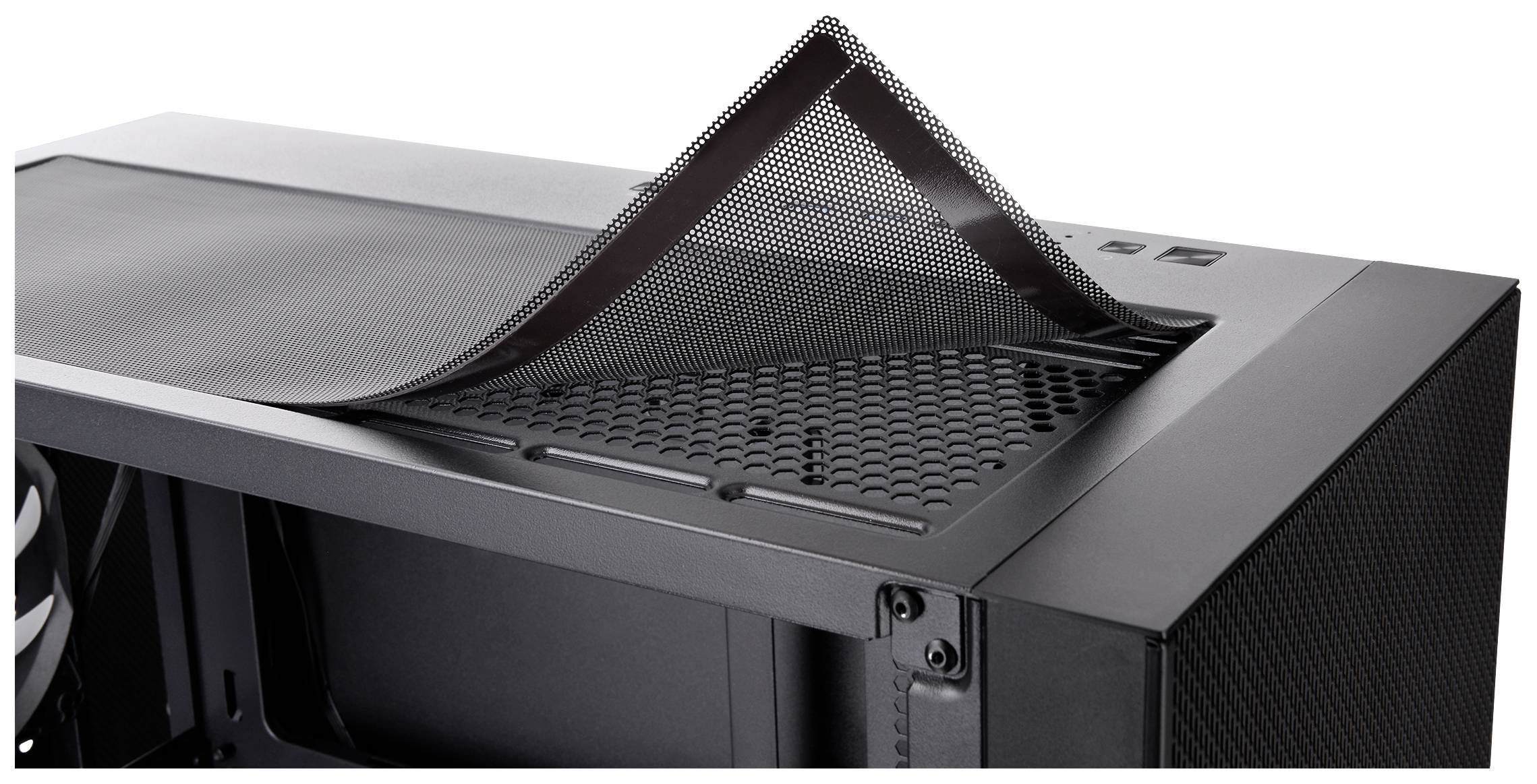 Computer case with a removable, black mesh panel on top for ventilation and dust protection, partially revealing its inner workings.
