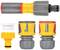 Various Gardena hose connectors in yellow and grey, including quick-release couplings and adapters, on a white background.