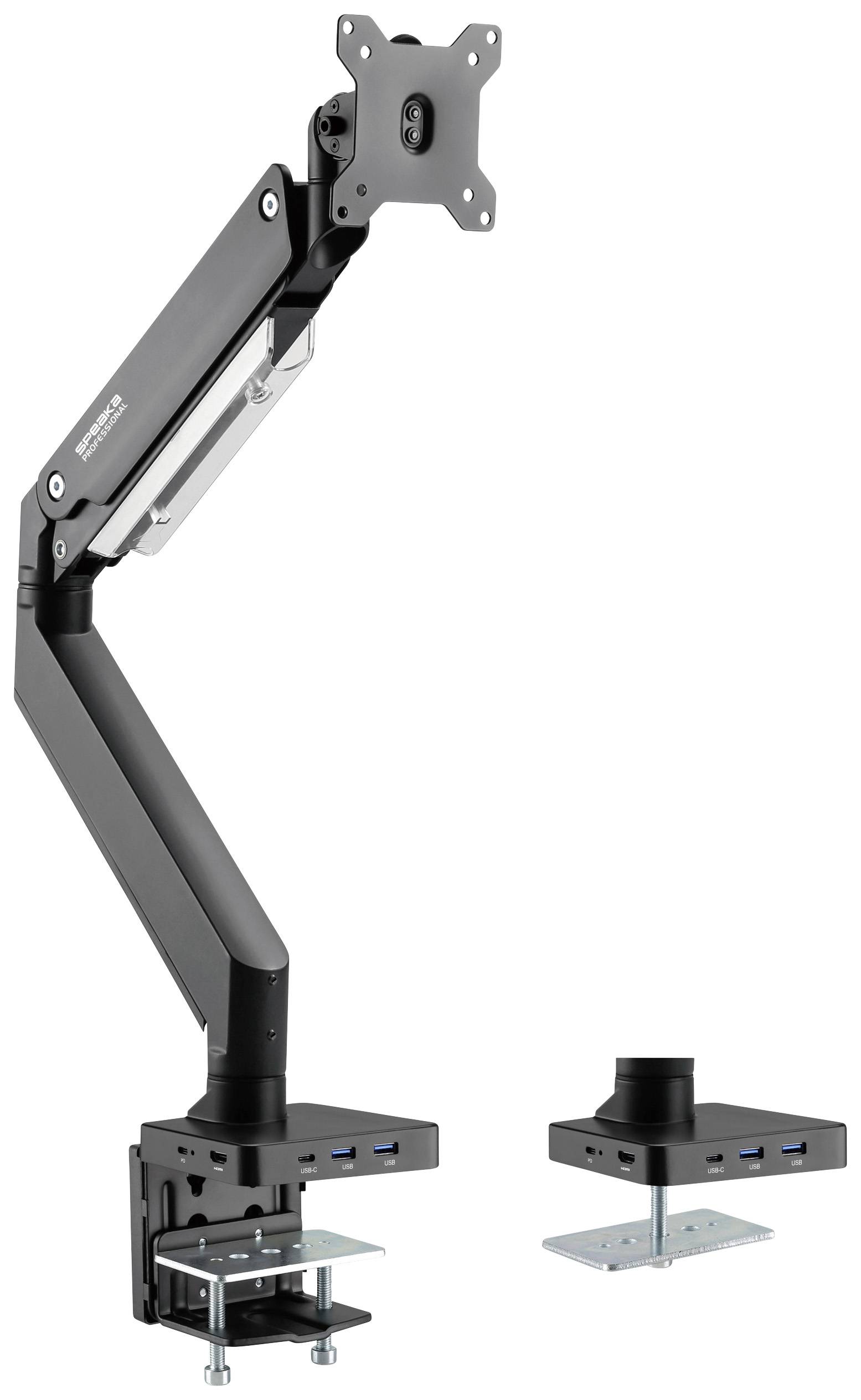 Adjustable monitor arm in black design with flexible mounting and integrated USB port strip for desk mounting.