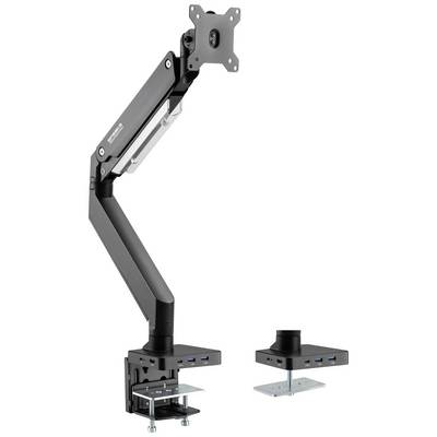 Adjustable monitor arm in black design with flexible mounting and integrated USB port strip for desk mounting.