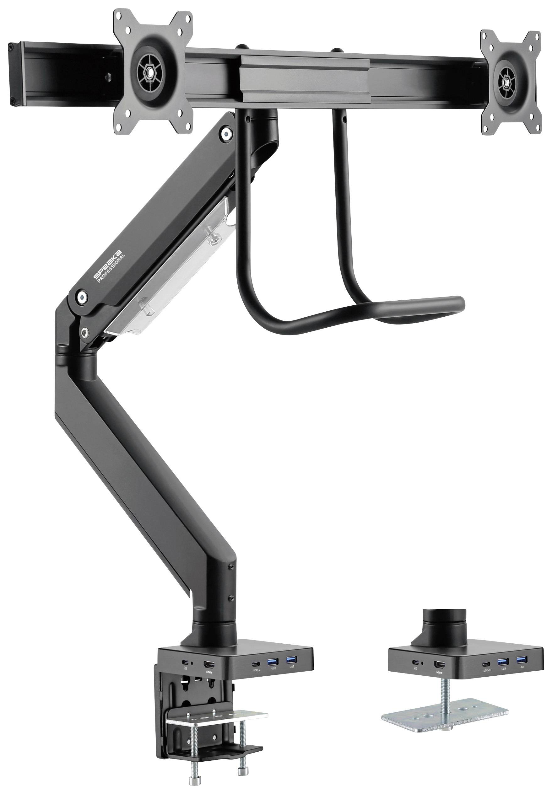 Monitor mount, black in colour, with flexible arms that can be mounted to a desk. Includes USB ports and cable management clips.