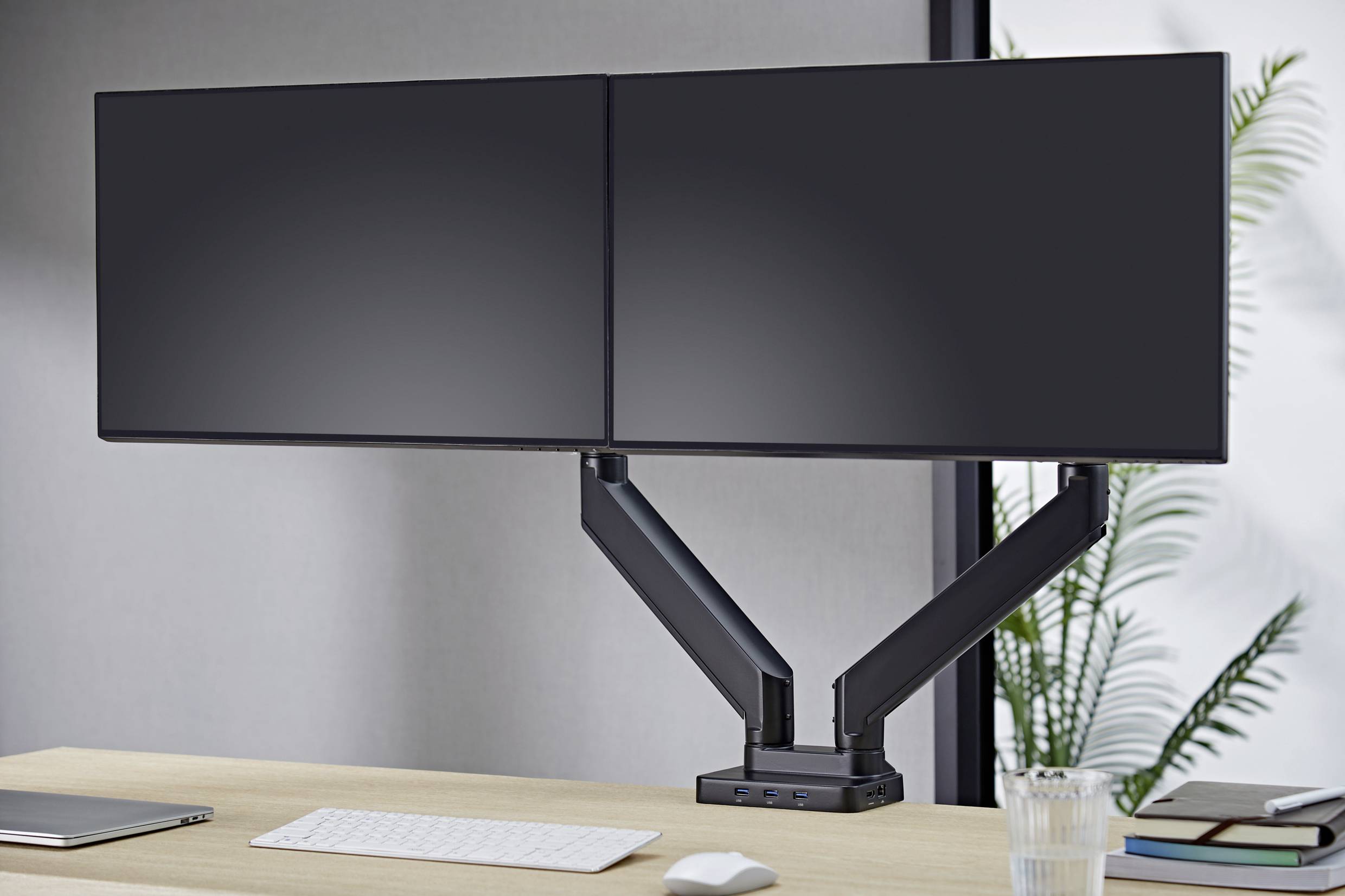 'Dual-monitor setup with flexible monitor arms on a desk; a large window with plants in the background.'