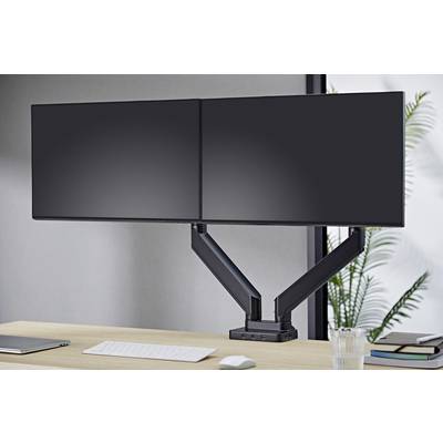 'Dual-monitor setup with flexible monitor arms on a desk; a large window with plants in the background.'