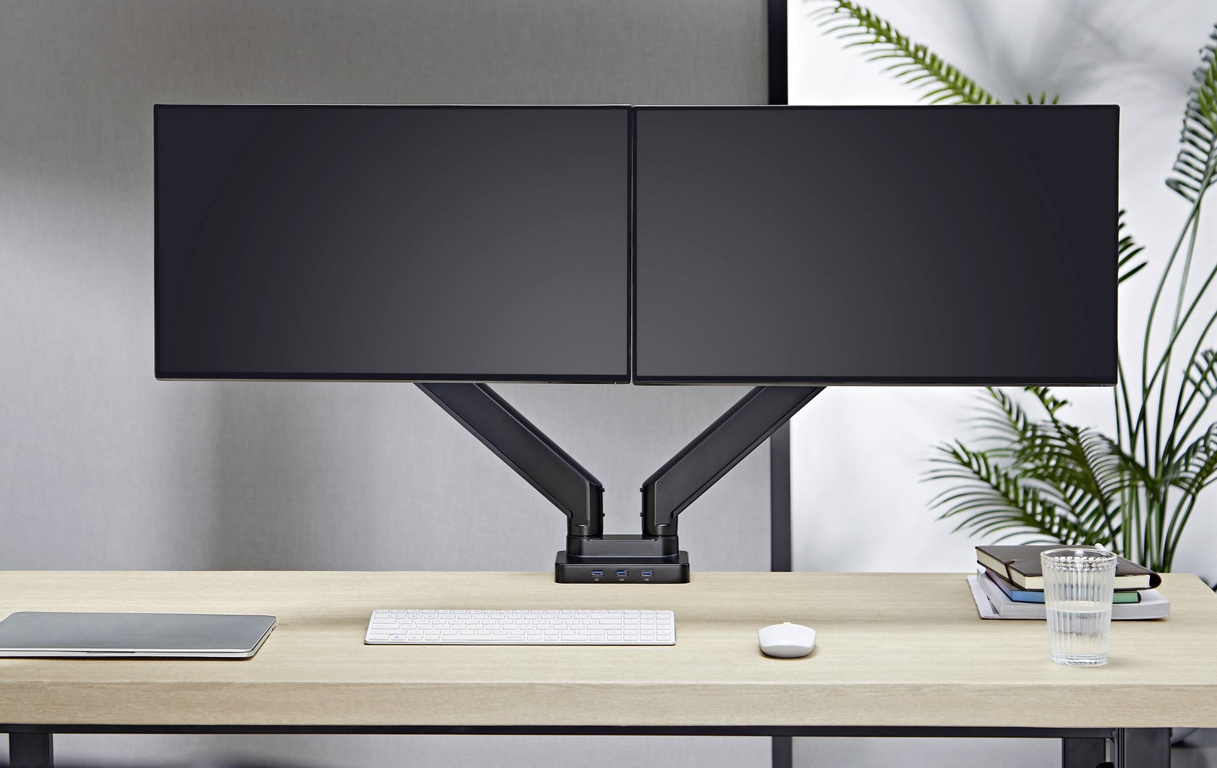 Two black flat-screen monitors on a desk with a keyboard and mouse. A laptop on the left, with a plant in the background on the right.