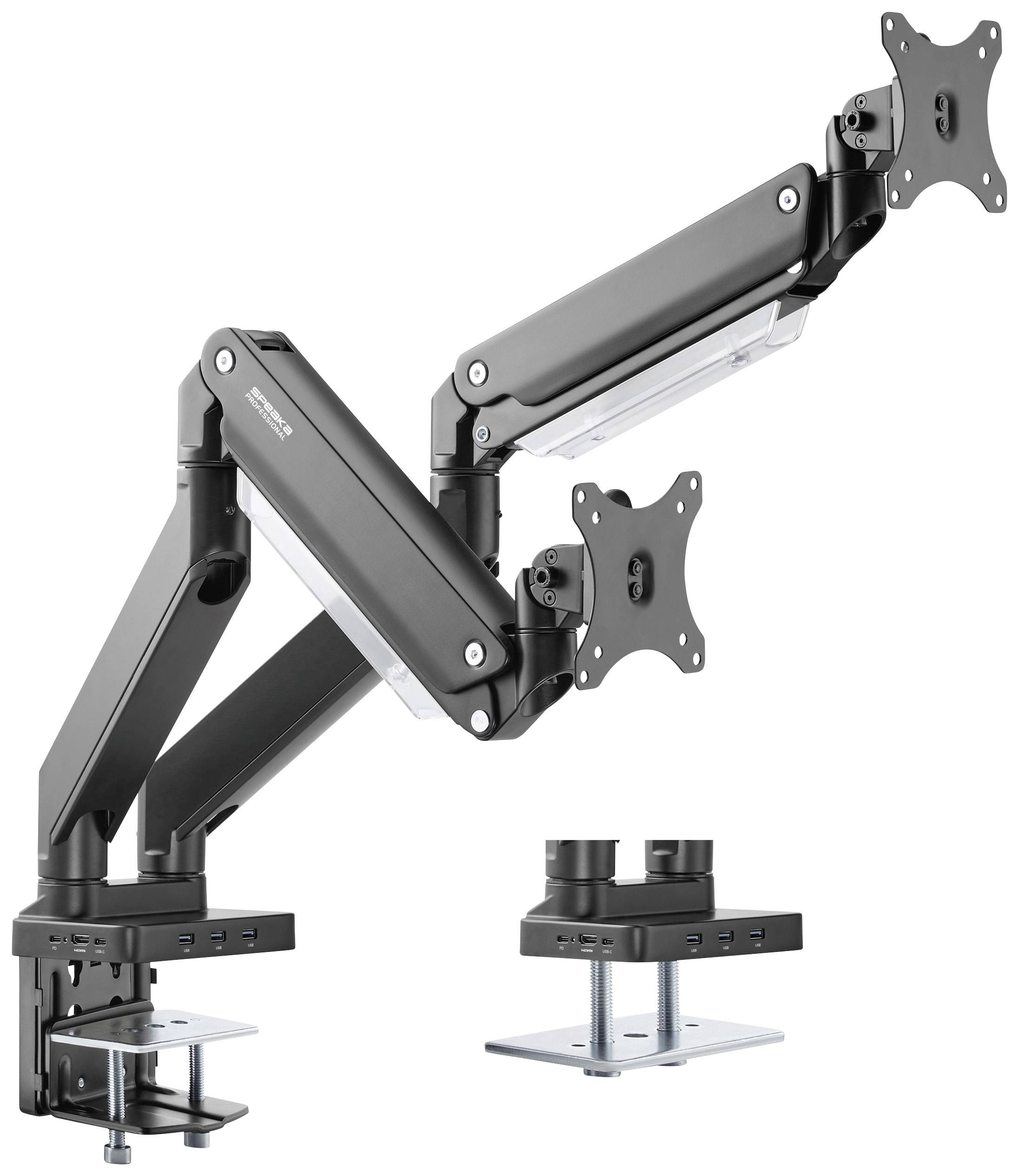 An adjustable monitor arm with two mounting points and a clamp base, suitable for attaching monitors to a desk.